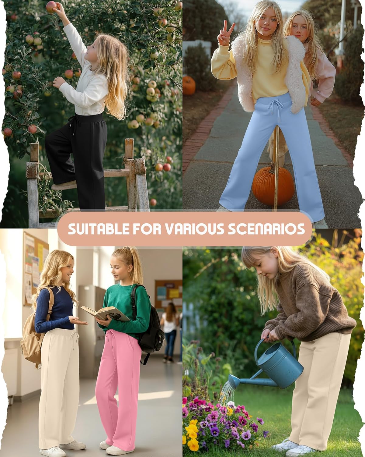 4 Pack Girls' Sweatpants Straight Leg Drawstring Kids Joggers Open Bottom Baggy Teen Pants with Pockets