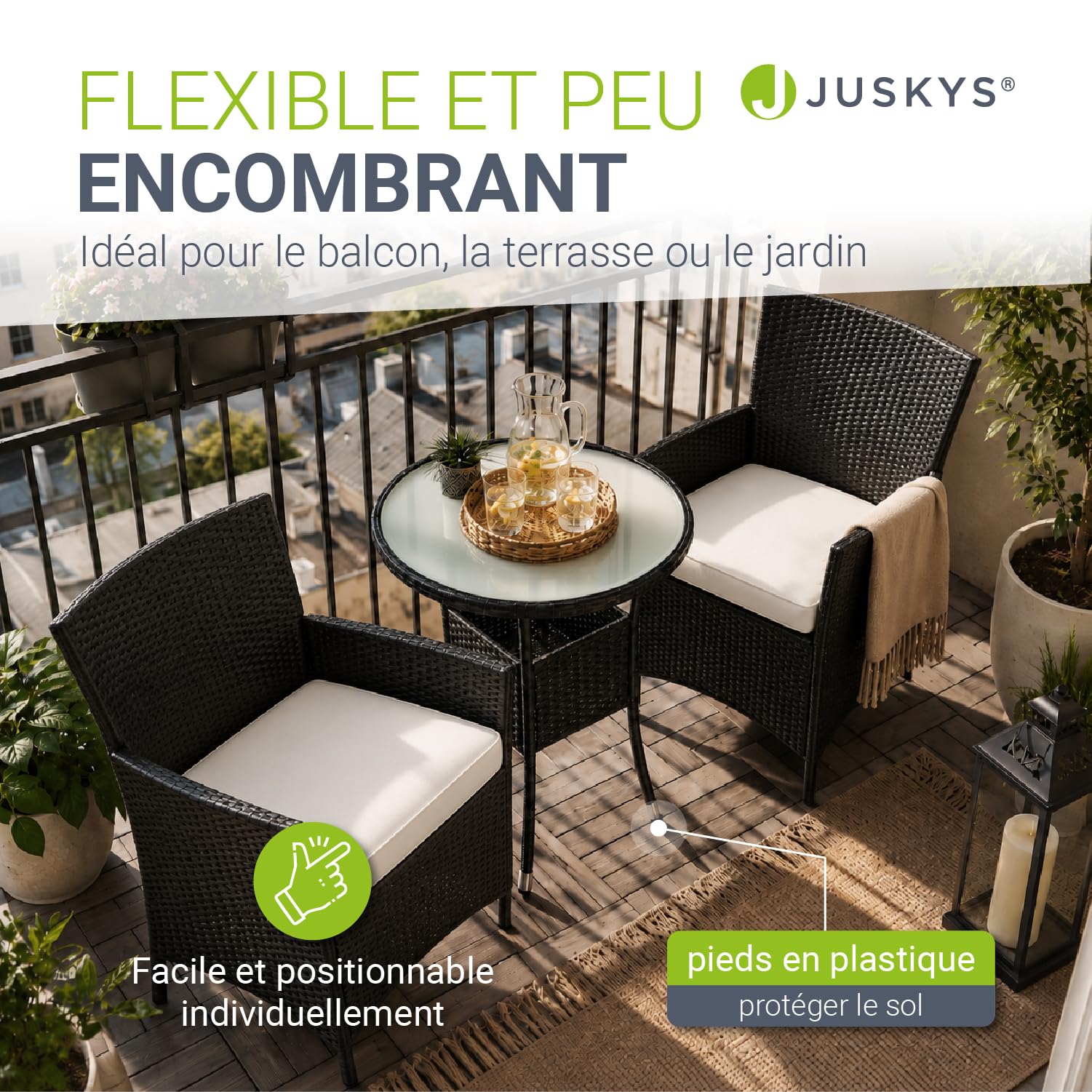 Juskys Ensemble de Balcon en rotin synthétique Bayamo 3 pièces – Meubles de Balcon résistant aux intempéries avec Table, 2 chaises et Coussins – Meubles de Jardin pour 2 Personnes – Noir/crème