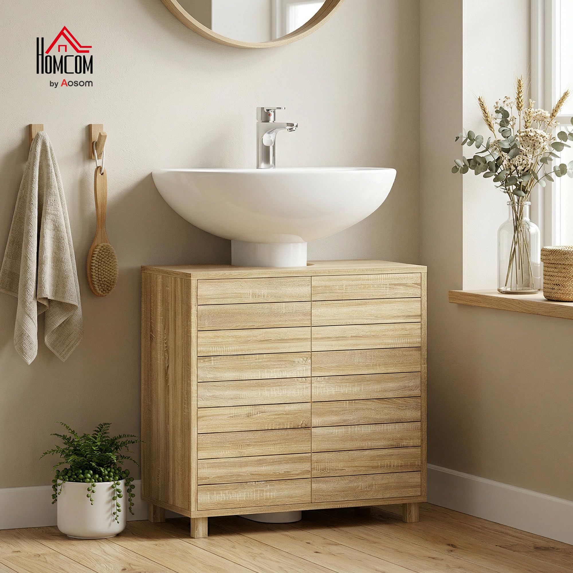 HOMCOM Mueble Bajo Lavabo, Mueble de Baño con Estante Ajustable, Puertas de Listones y Apertura por Presión, para Lavabo con Pedestal o Pared, 60x30x60 cm, Natural