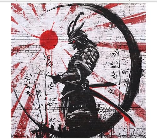 Cortina de ducha de guerrero japonés (72 x 72 pulgadas), juego de cortina de ducha de tela de poliéster impresa para baño con ganchos