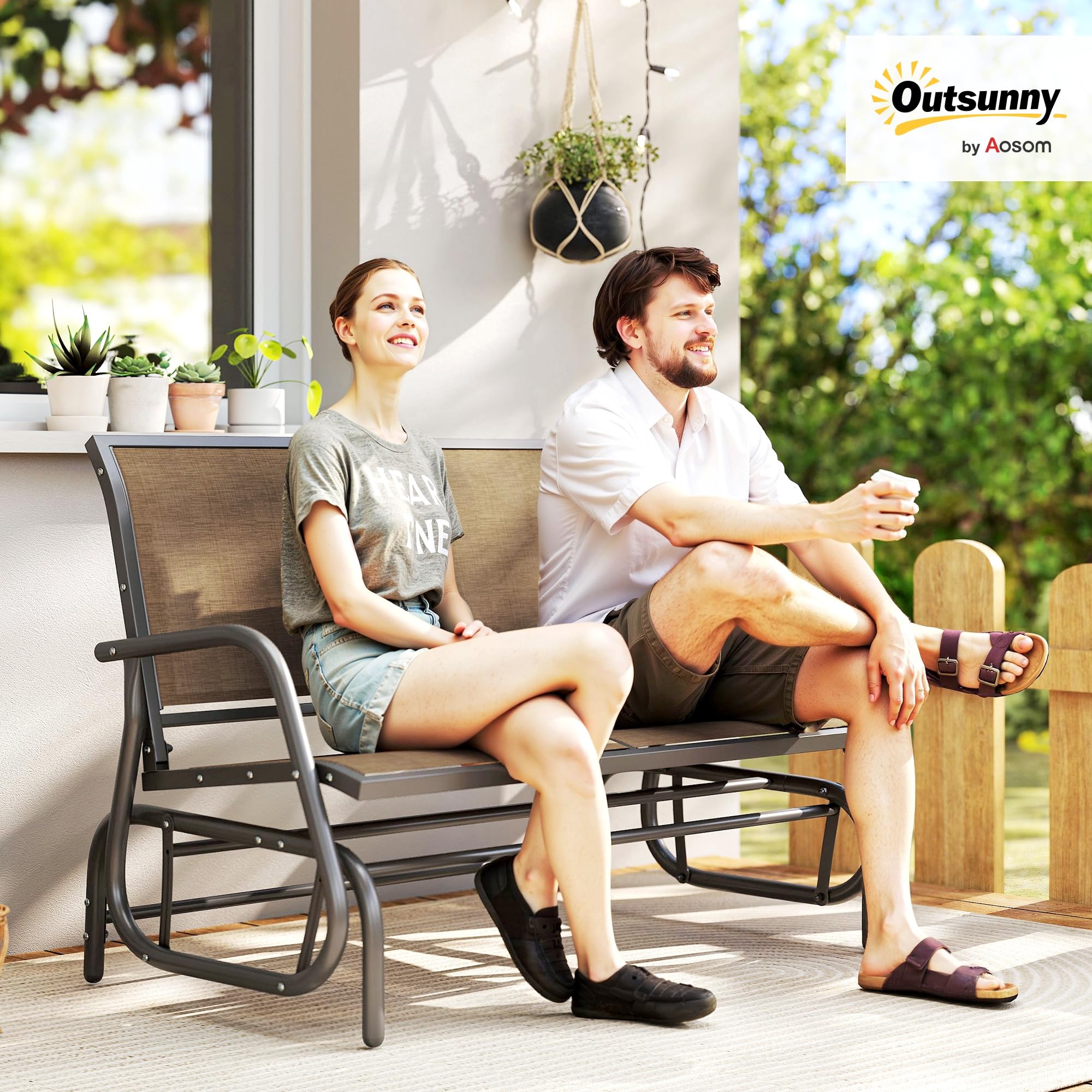 Outsunny Panchina a Dondolo da Giardino a 2 Posti, Panca da Giardino in Metallo e Tessuto a Rete Traspirante, per Balconi, Patio, Terrazzo, 120x70x85cm, Marrone Chiaro