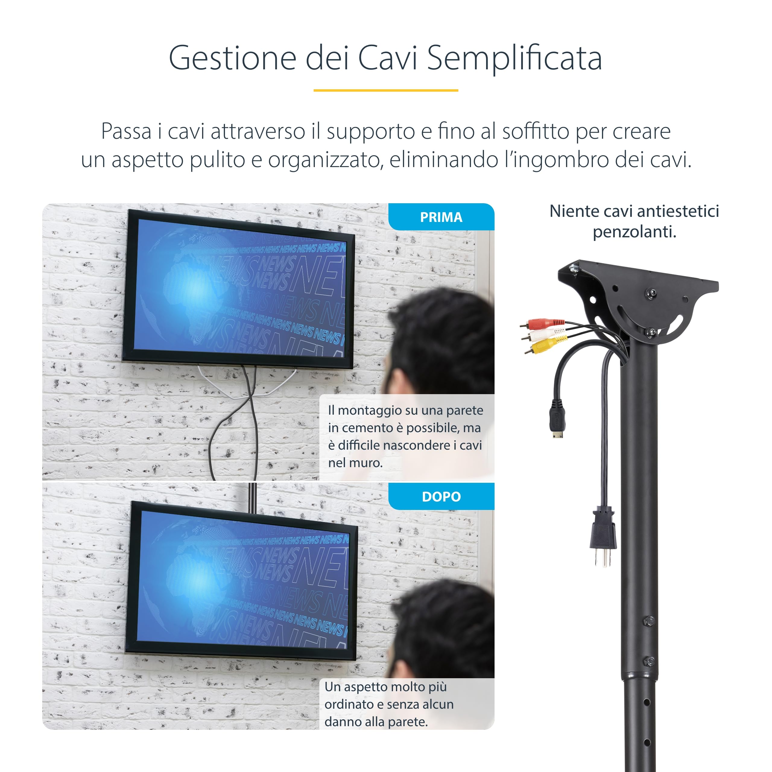 StarTech Supporto TV da Soffitto da 32" a 75" VESA (FLATPNLCEIL) | Asta Telescopica Regolabile, Schermo Singolo, Inclinabile e Girevole