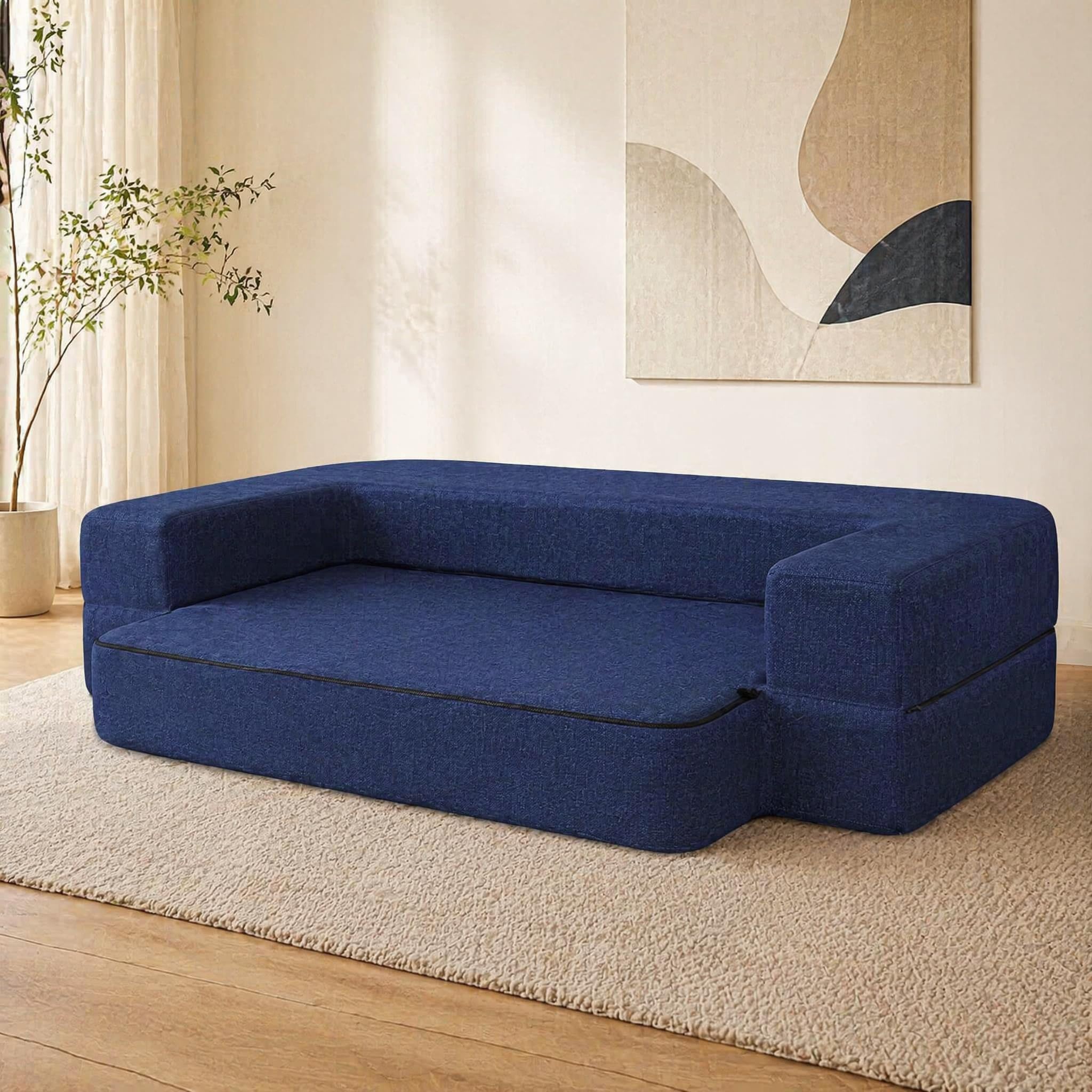 ANONER Canapé Lit Pliable 2 Places, Bleu Foncé | Canapé lit 2 en 1, mousse haute densité monobloc, hauteur assise 25cm, housse amovible, 190x137cm, salon et chambre