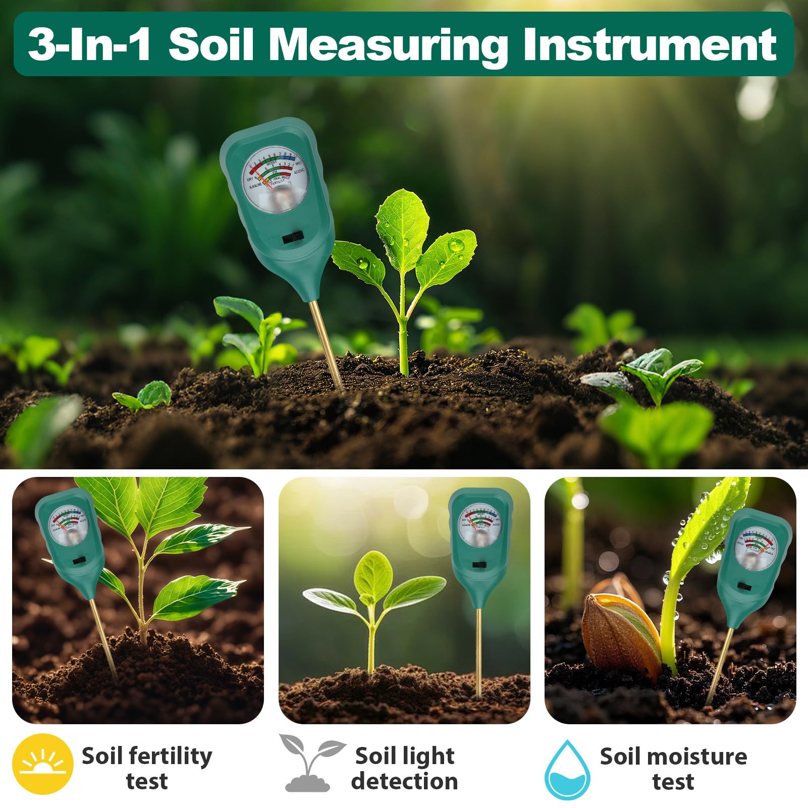 3 en 1 Medidor Humedad Plantas para Medidor de Humedad/Luz/PH del Suelo, Medidor PH Tierra, Plug and Play, Higrometro para Plantas Grandes de Interior y Exterior, Flores, Jardinería, Agricultura