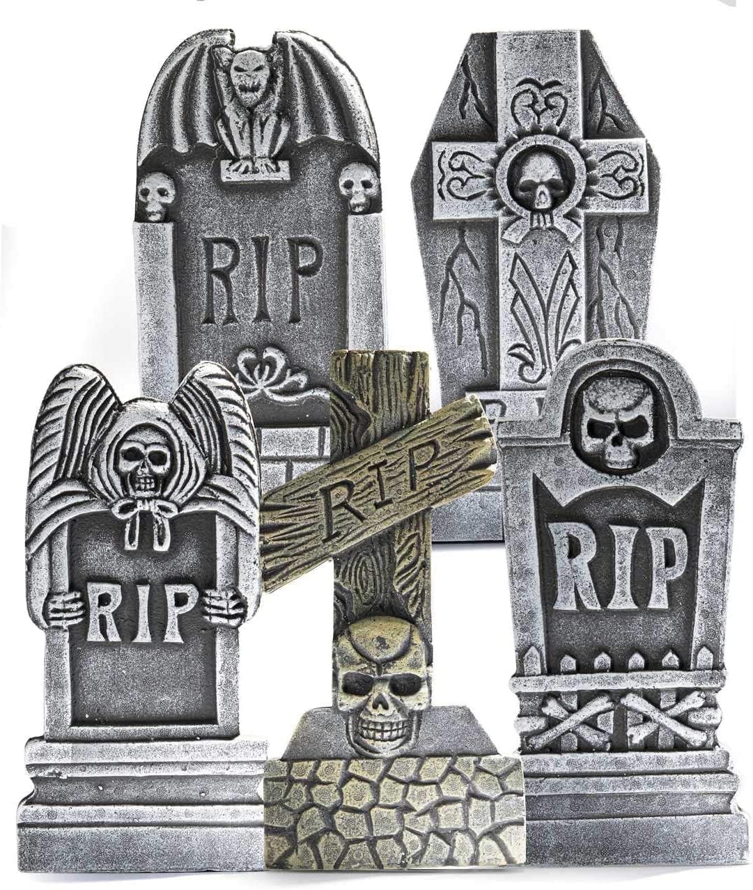 PREXTEX Halloween Decoration Foam Tombstone w/ Stake - 5pcs | Outdoor Decor, Garden/Yard Sign, Haunted House Gravestone | Outdoor Party Halloween Decor | Vintage Halloween Decorations Outdoor