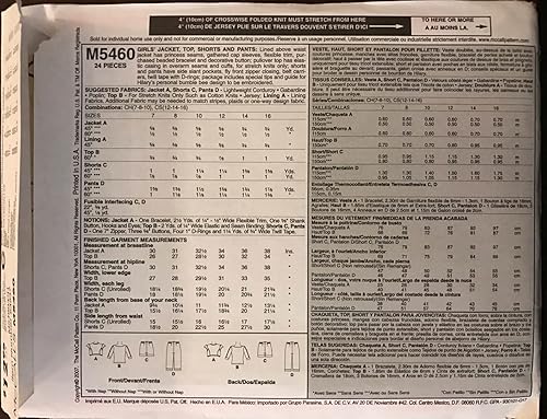 McCall's Hilary Duff M5460 - Chaqueta para niñas, parte superior, pantalones cortos y pantalones con patrón de costura, talla CH (7-8-10)