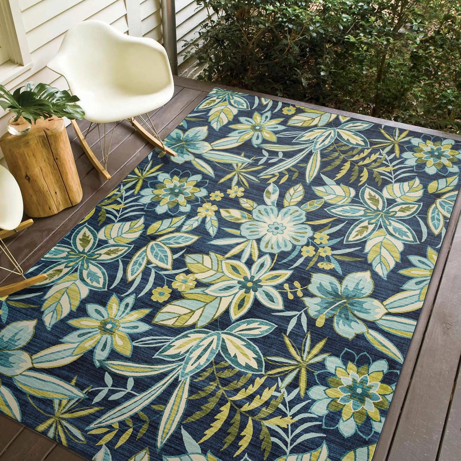 DECOMALL BLODWEN Indoor Outdoor Rugs, Floral Botanical Leaf Tropical Area Rug for Bedroom Livingroom Deck Backyard Balcony Patio,Blue Green 3’6”x5’6”