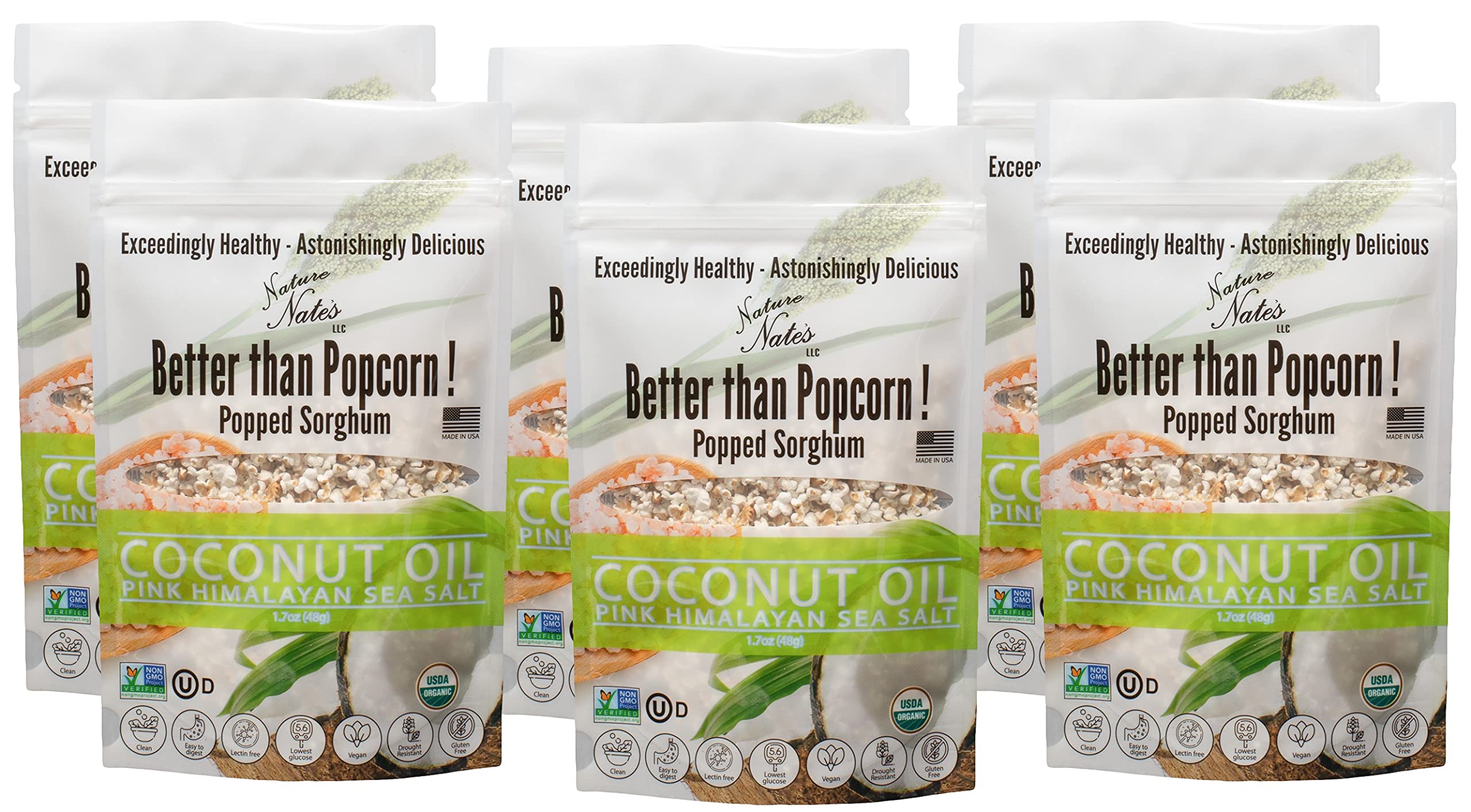 Nature Nate’s Popped Sorghum, Coconut Oil & Pink Himalayan Sea Salt - Organic, Keto & Gluten Free, Healthy Snacks, Better Than Popcorn, Made in USA -