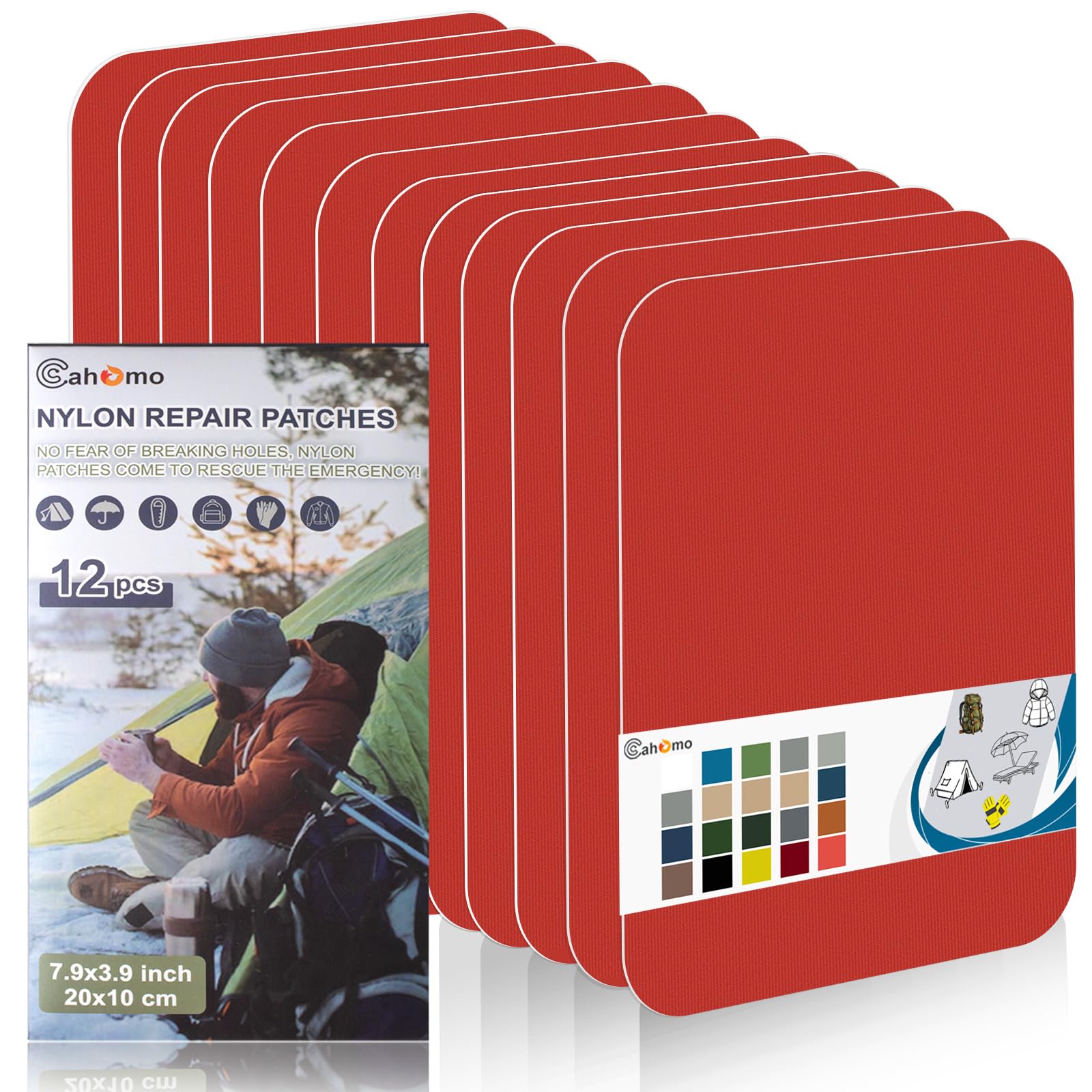 Cahomo Nylon Repair Patches 20x10 cm 12 pcs Nylon Repair Tape Nylon Fabric Patch Self Adhesive Outdoor Camping Gear Nylon Repair Kit for Tent, Umbrella, Down Jackets, Sleeping Bag, Knapsack （Orange）