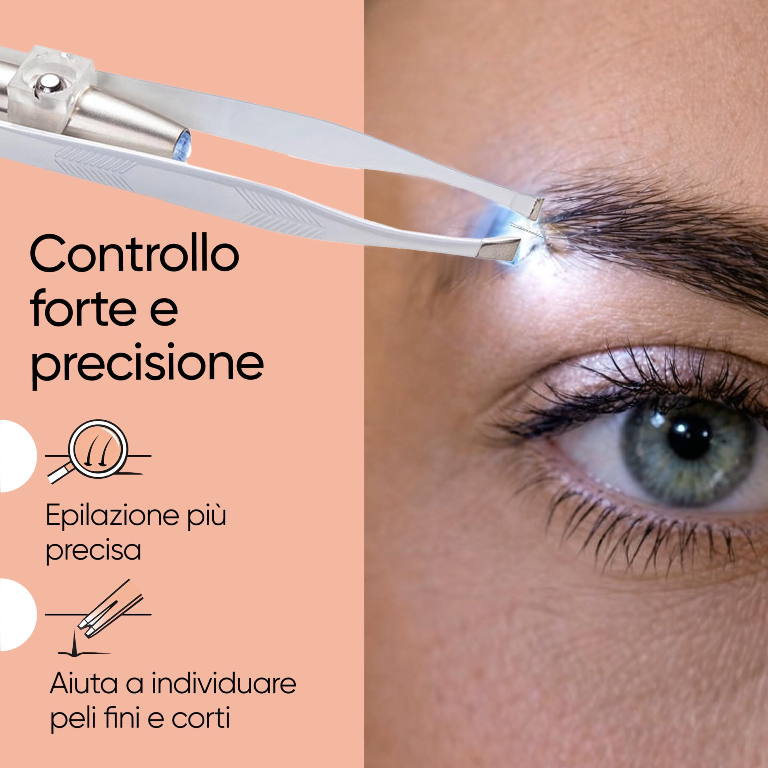 Sensica Pinzette Sopracciglia con Luce LED Professionali – Pinzette di Alta Precisione a Punta Obliqua in Acciaio Inox, Pinzette Luminose per Peli Incarniti e Viso, Idea Regalo Donna