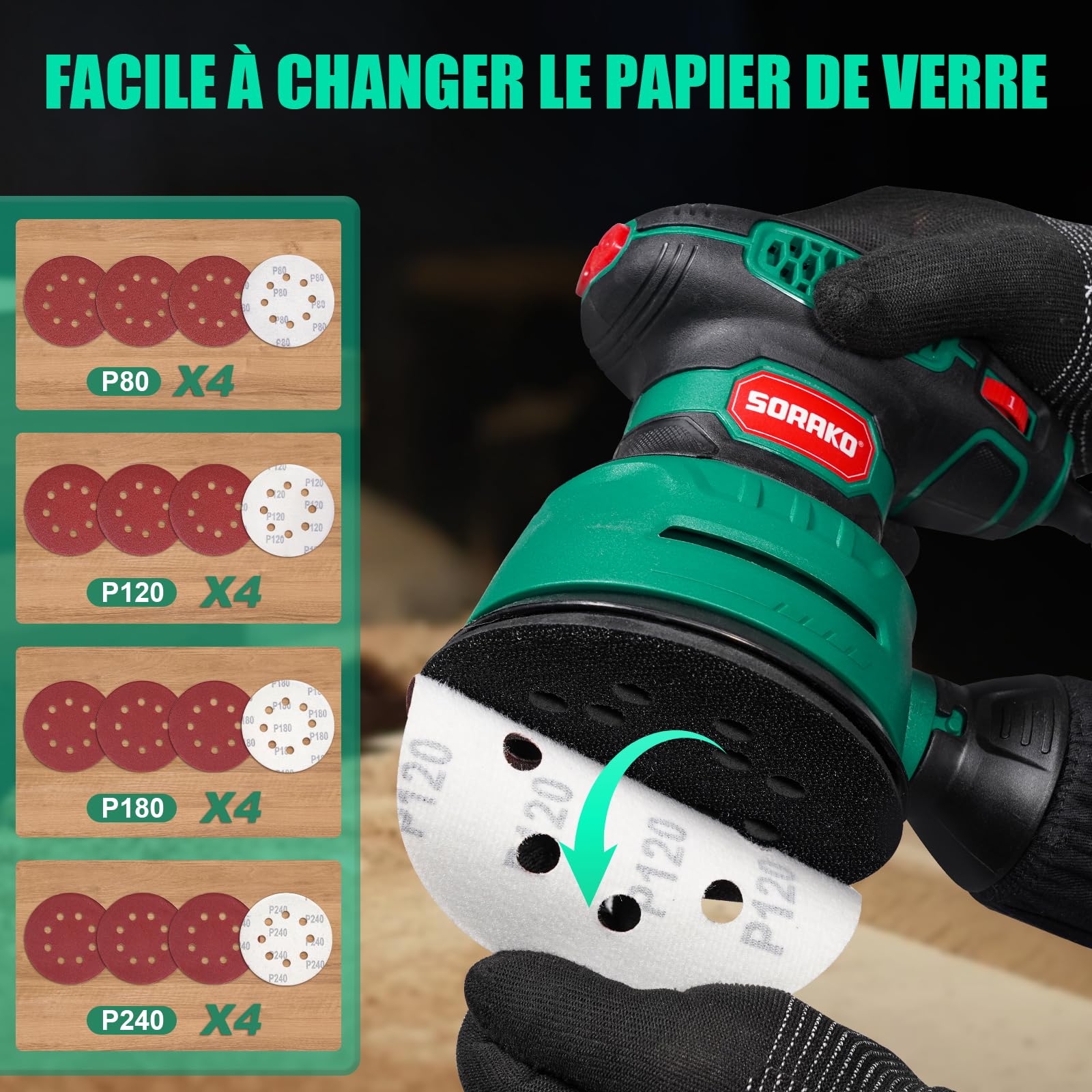 SORAKO Ponceuse Excentrique 350 W 125 mm, Ponceuse à 6 Vitesses avec Boîte