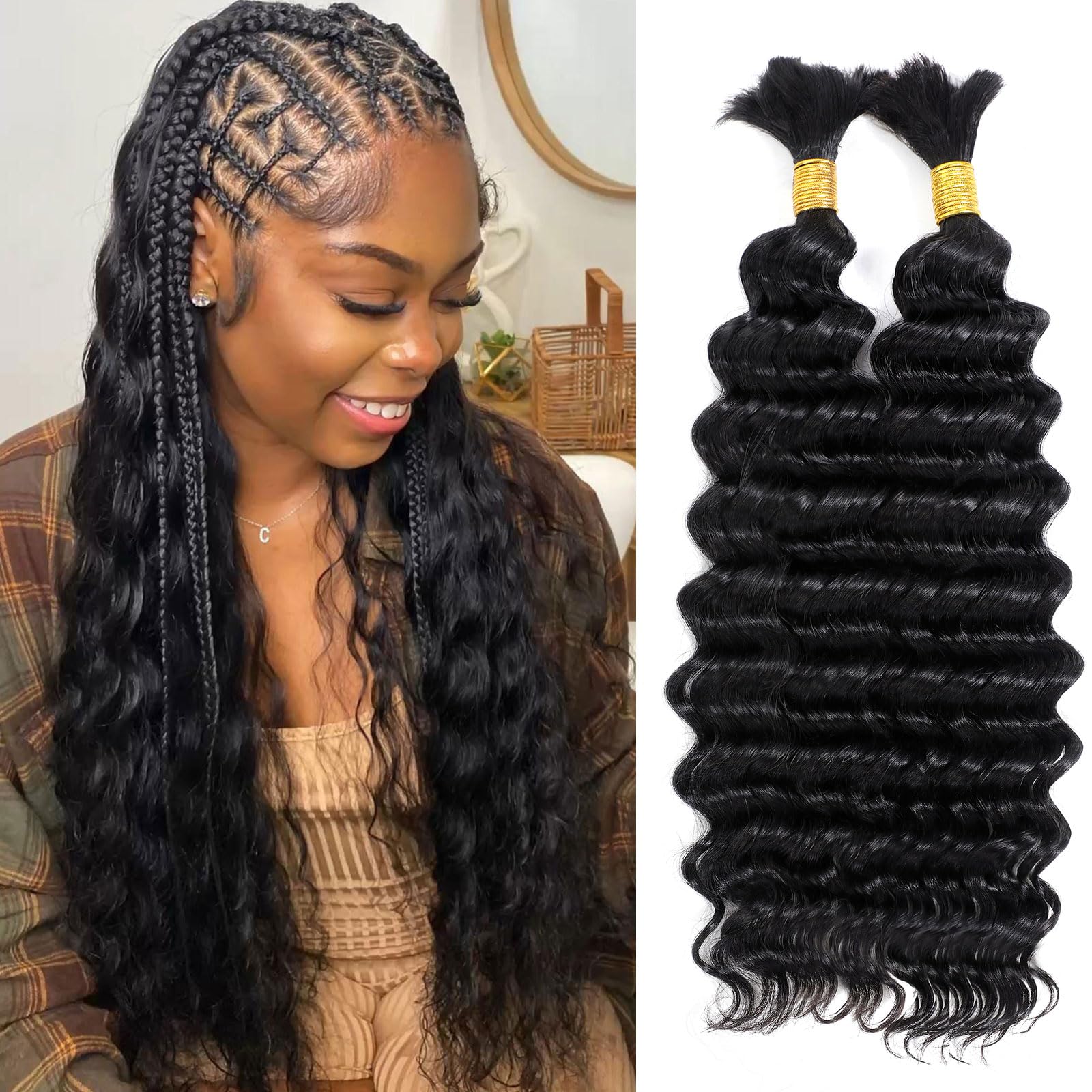 DMKEEP Top Grade Deep Wave Human Braiding Hair 2 Bundles 100g Human Hair Braiding Hair No Weft Bulk Human Hair for Braiding Hair Extensions Jet Black