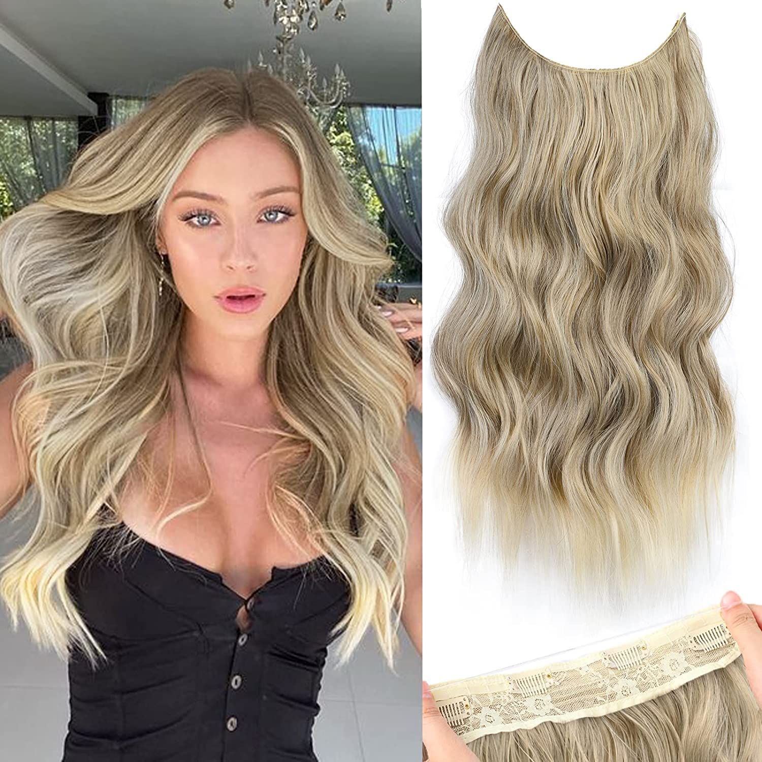 PORSMEER Extensiones de Clip de Pelo,20"(50cm) Extensiones de Cabello Natural con Hilo Invisible con 4 Clip Pelo Sintético Una Pieza Rizada Onduada Postizos Pelucas (120g,Marrón Claro mezcla Rubio)
