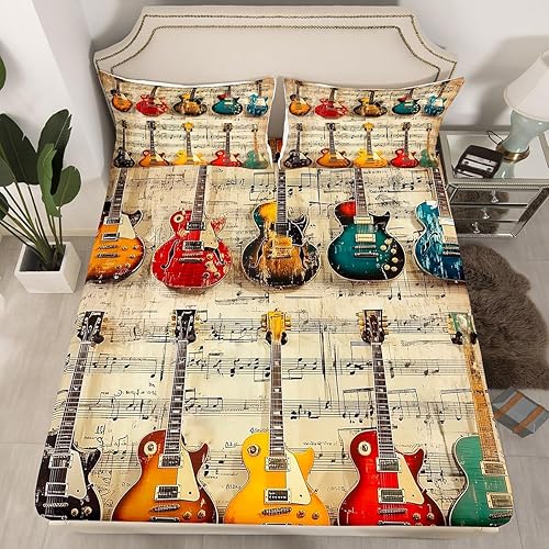 Juego de sábana bajera ajustable para niños con diseño de guitarra eléctrica, estilo retro, diseño de notas musicales, decoración de habitación de