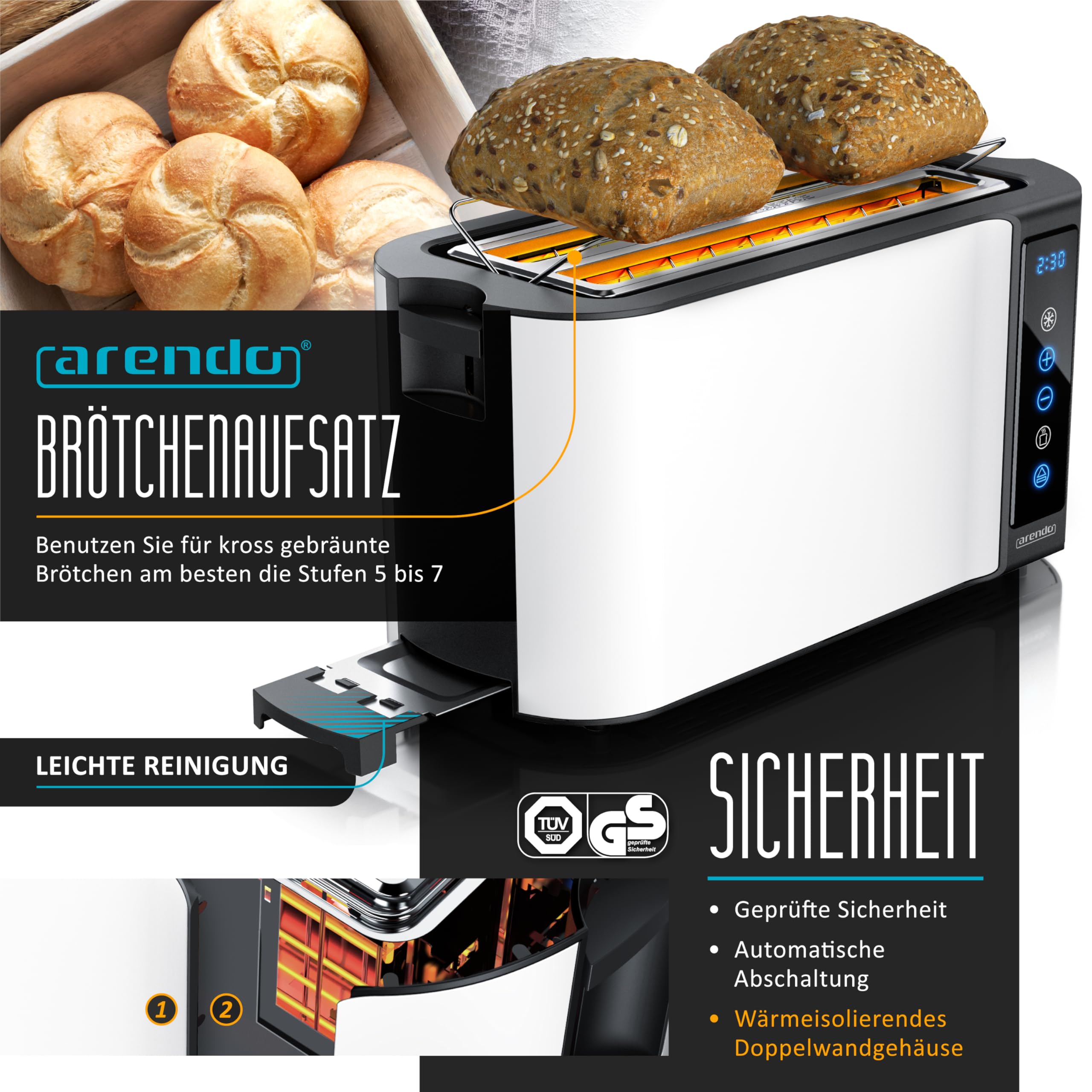 Arendo Wasserkocher Toaster SET Edelstahl 45-100 Grad Warmhaltefunktion 4 Scheiben Touch Display Weiß Matt