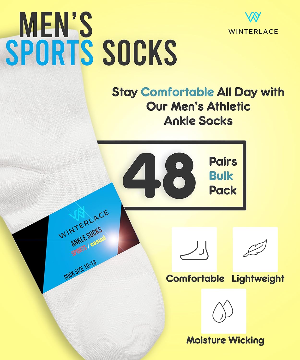 Winterlace 48 Pairs Mens Quarter Ankle Socks Athletic Casual Moisture Wicking Cuffed Sports Running Thin Sock Bulk Pack