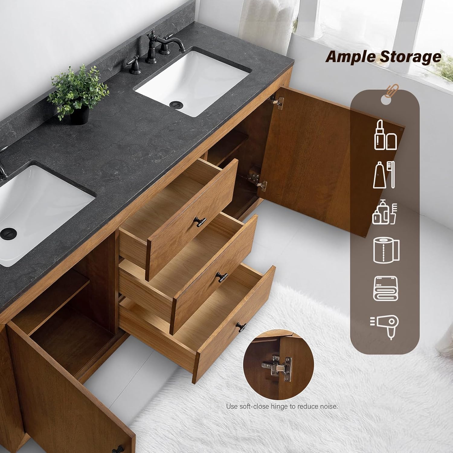HOMEBEYOND 72" Bathroom Vanity with Double Sink & Ceramic Top, MDF Material Vanity Cabinet with Basin Combo, Soft-Closing Doors, Removable Shelf, Backsplash, Tan