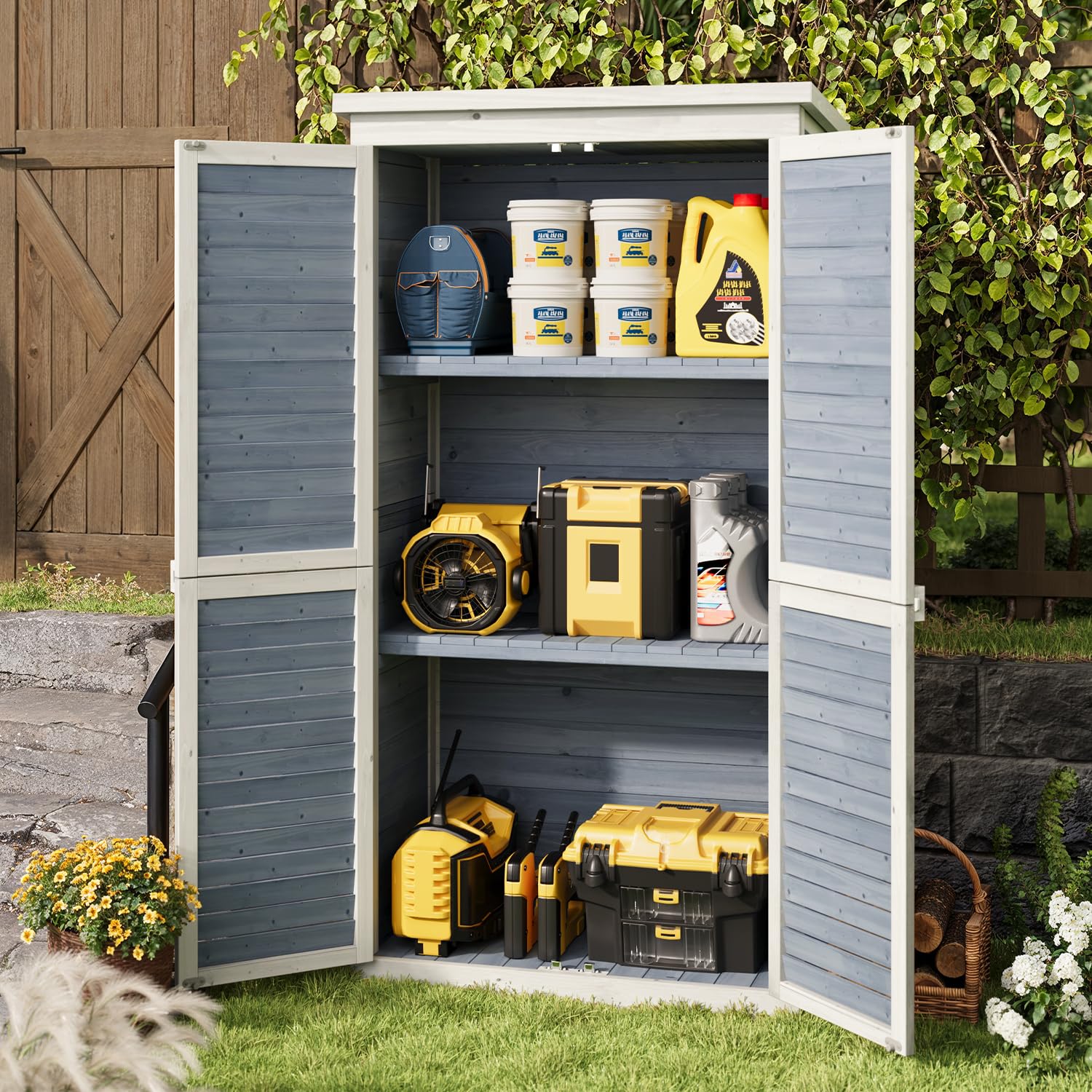 Gartenschrank Geräteschuppen Holz Werkzeugschrank Outdoor-Schrank Gartenbox 160 x 87 x 47 cm Gartenhaus für den Außenbereich, Gerätehaus für Hof und Garten (Grau)