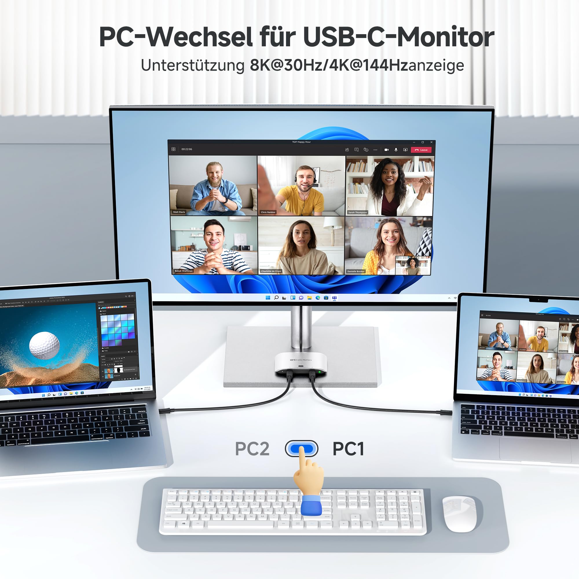 Cable Matters 20G USB C Switch für 2 Computer, 140W PD, bis zu 8K@30Hz unter Windows, 4K@60Hz unter macOS, Nutzung eines Thunderbolt 4 Monitors/Docks (Nicht für Docks mit angeschlossenem Kabel)