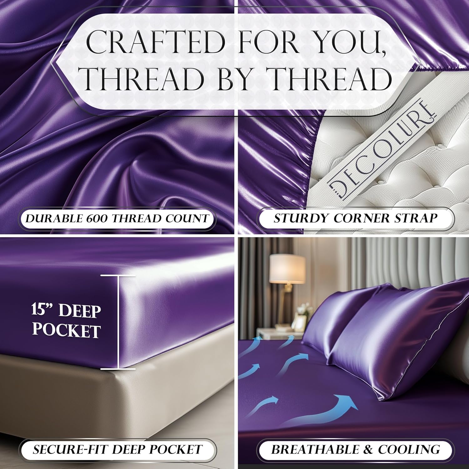 DECOLURE Satin Fitted Sheet Twin Size (1 PC) – Luxuriously Smooth & Softer Than Silk Bed Sheets w/ 15 Inch Deep Pocket Hypoallergenic Wrinkle Free, Secure Snug Fit, Elastic Corner Straps (Purple)