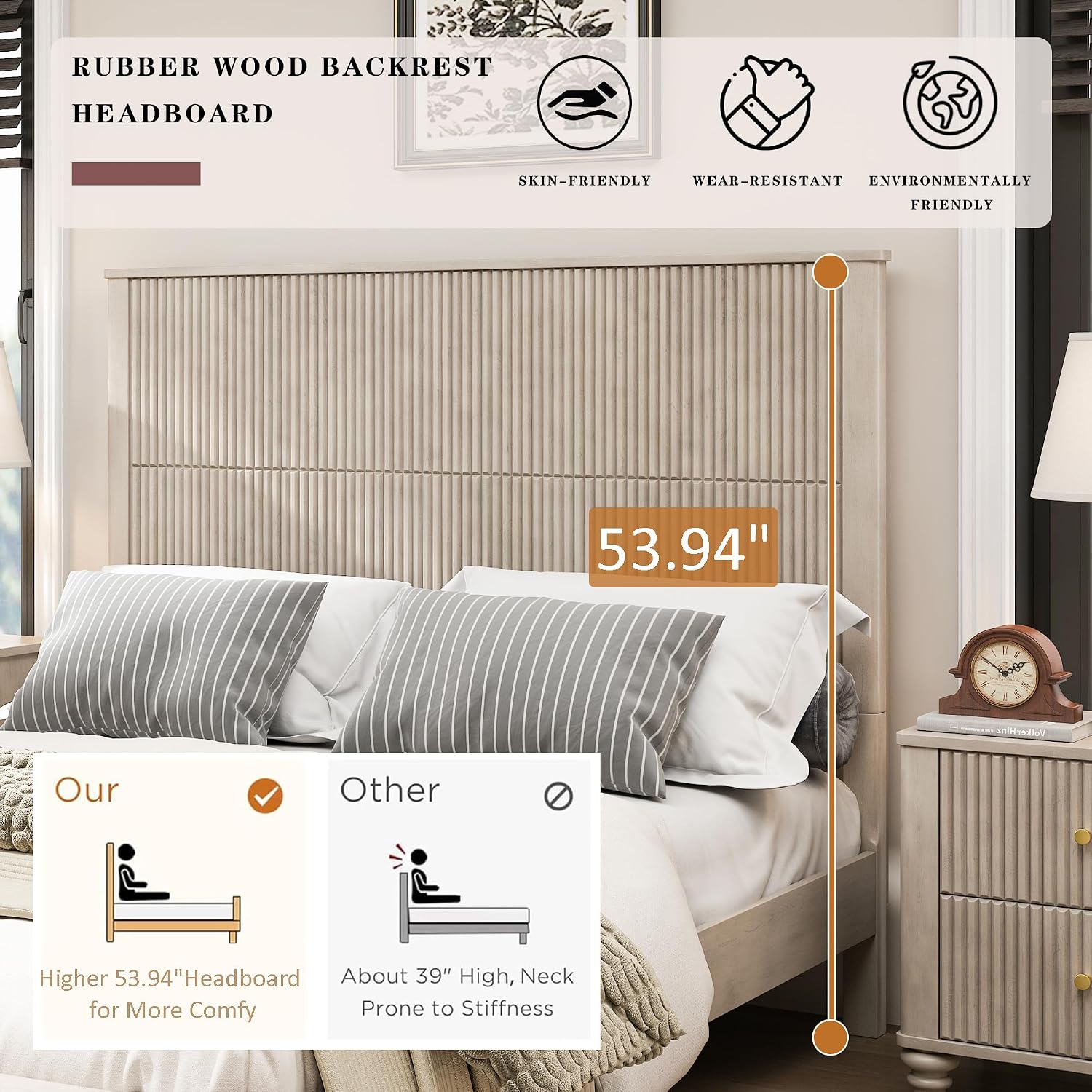 Queen Size Bed Frame with 54 inch Tall Headboard,Rubber Wood Queen Bed Frames with Sturdy Slat Support, Solid Wood Legs,No Squeak, No Box Spring Needed,Mid-Century Design, Beige