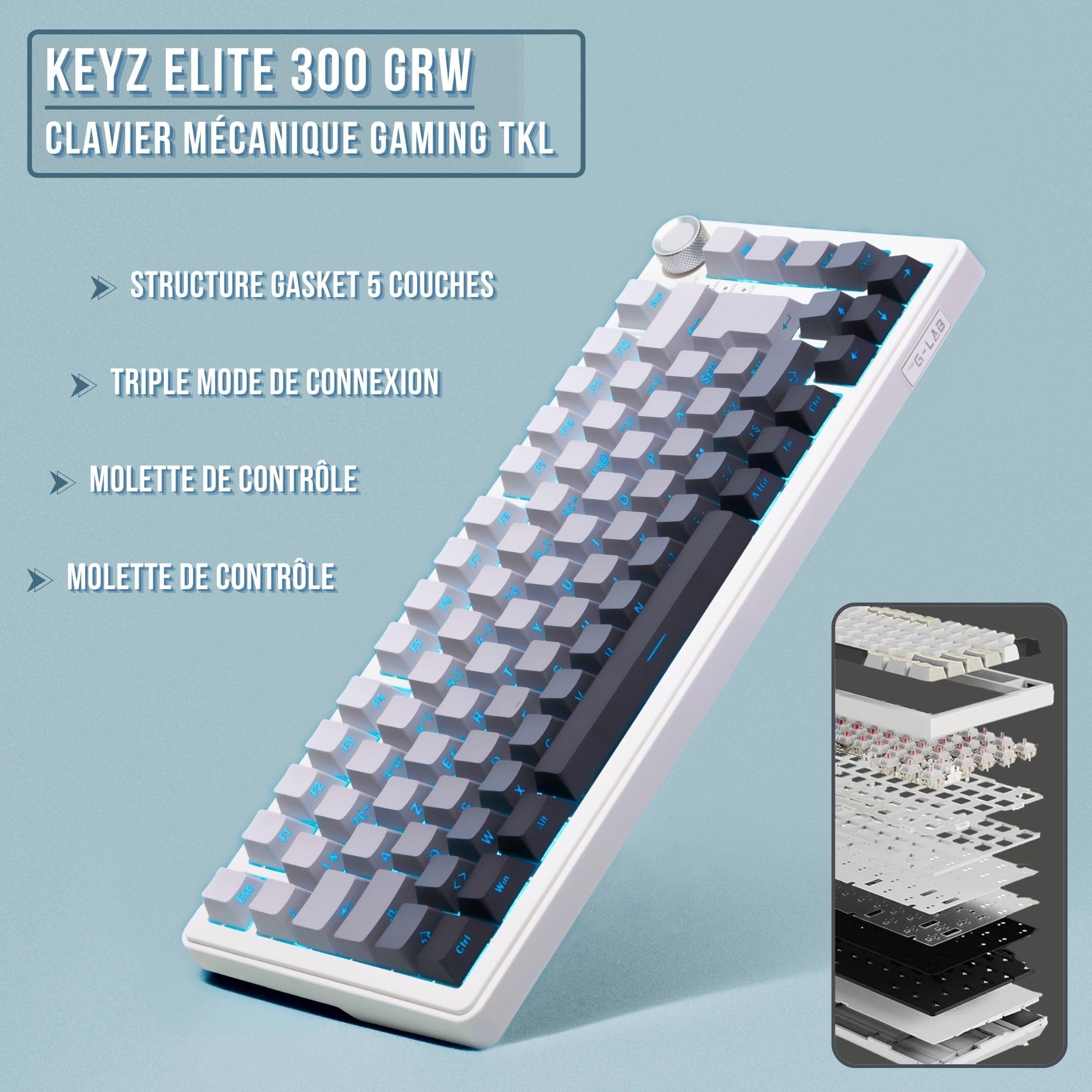 The G-Lab KEYZ Elite 300 GRW - Tastiera Gamer Wireless TKL Tri Mode 2.4 Ghz/Bluetooth/cablata - Tastiera meccanica Hot Swap, Switch Pre-lubrificati, Incisore Laterale, RGB+Macro - AZERTY FR - Windows