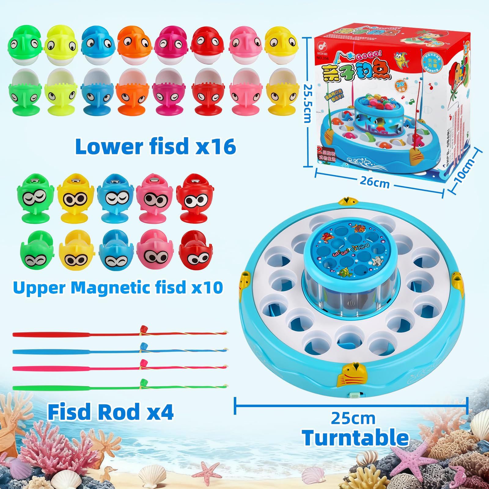 Angelspiel Spielzeug ab 2 Jahre,Montessori Magnetische Angelspiel mit Musik und Lichter,Fische Angeln Kinderspiele,26Fische und 4 Angelruten,Lernspielzeug Motorikspielzeug Geschenke für Kinder - 3