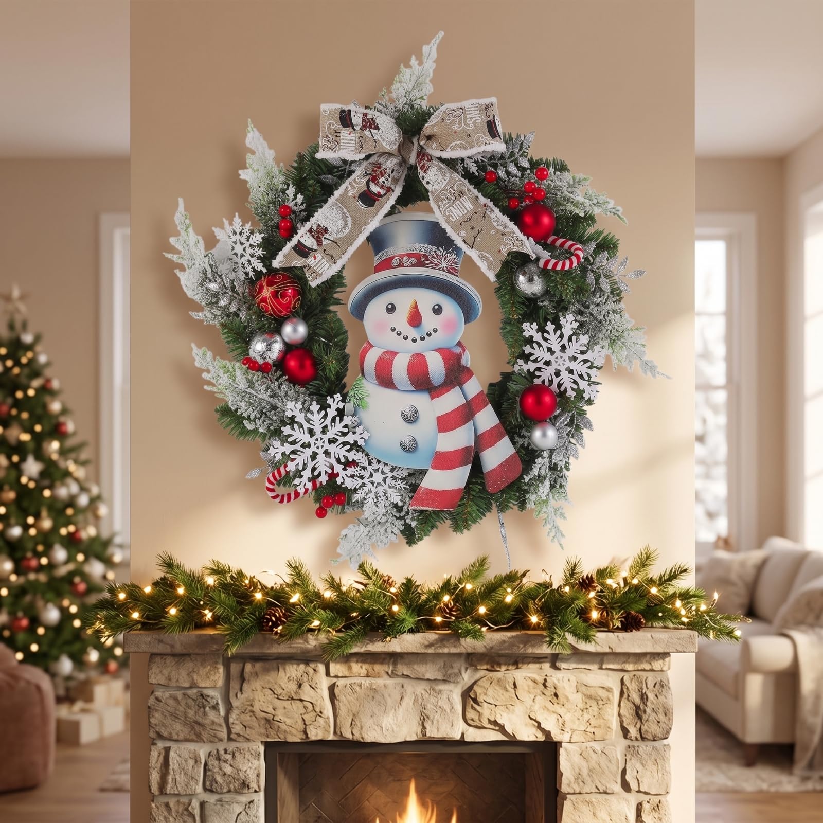 MERIGLARE Couronne de Noël Couronne Décorative Guirlande Ornement Foyer avec Flocons Baies et Boules sur Base de Sapin en Plastique avec Nœud Jute Convient à Porte d'Entrée Cheminée Salon50cm