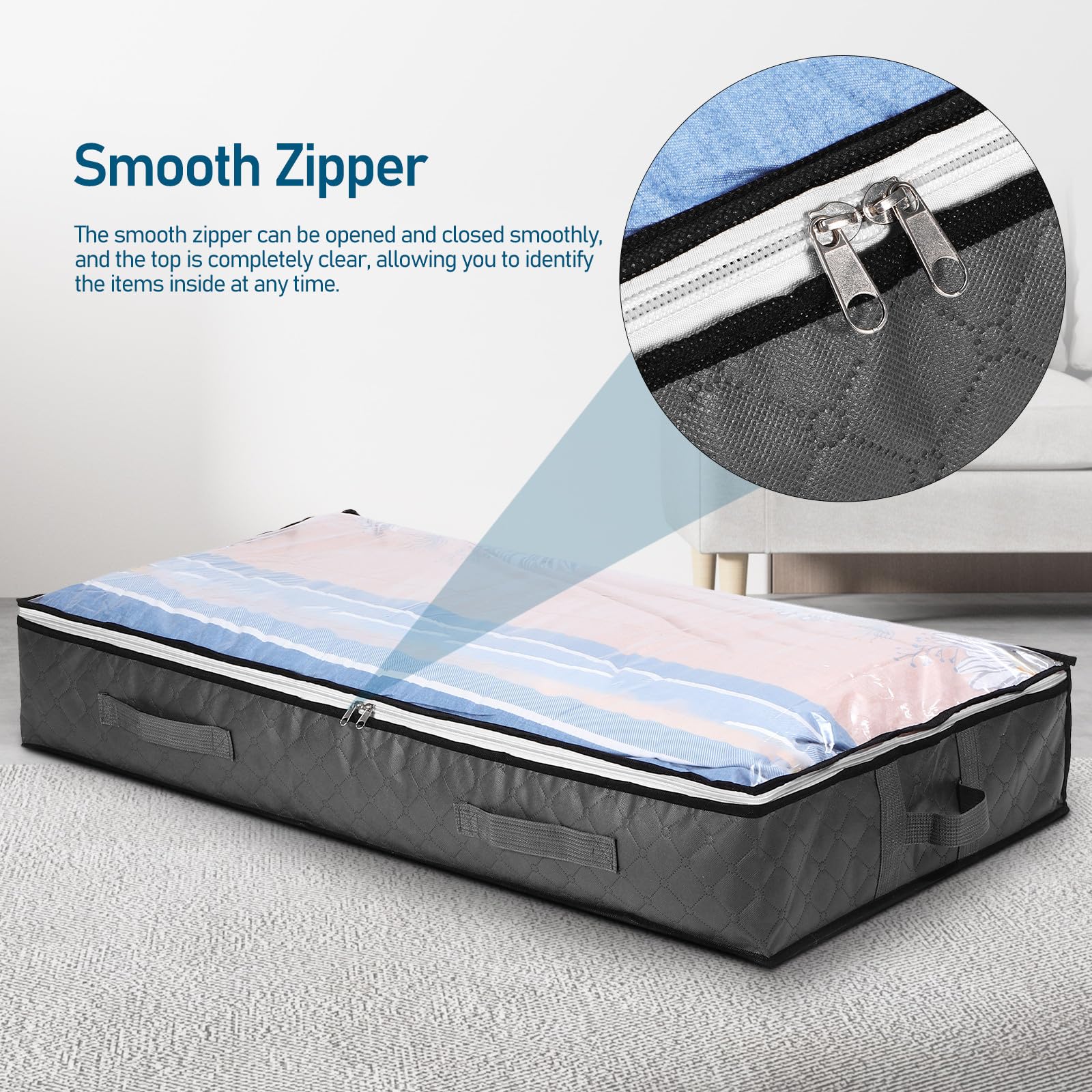 Homoyoyo Bolsas de Almacenamiento Debajo Cama 4 Unidades H Tamaño Grande Tela Resistente Color Gris Oscuro Ventana Transparente Asas Reforzadas para Ropa de Cama y Edredones Organizador