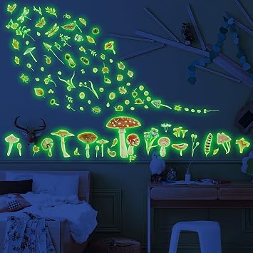 Glow in The Dark Mushroom Wall Decals, Watercolor Woodland Mushroom Stickers for Ceiling, Aesthetic Colorful Decor Fall Leaf Baby Kids Girls Bedroom Nursery Decorations