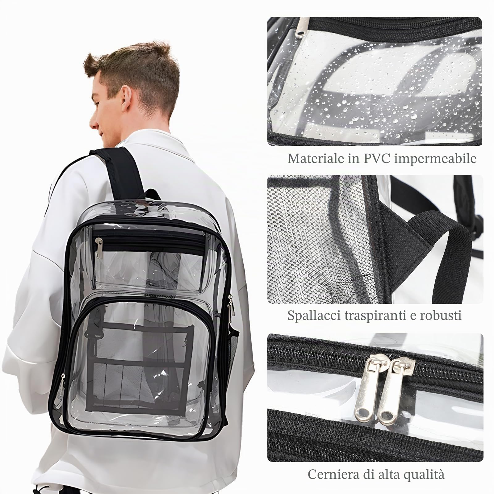 JUVEL Zaino completamente trasparente - Zaino in PVC trasparente di alta qualità, design trasparente, impermeabile e durevole, adatto per il viaggio quotidiano al lavoro e alla scuola