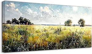 SERIMINO Rustic Landscape Wall Art Prints, Country Outdoor Scenic Large Wall Decor, Nature Meadow Wildflower Canvas Painting, Bright Pictures for Living Room Modern Farmhouse Kitchen 20X40 Inch