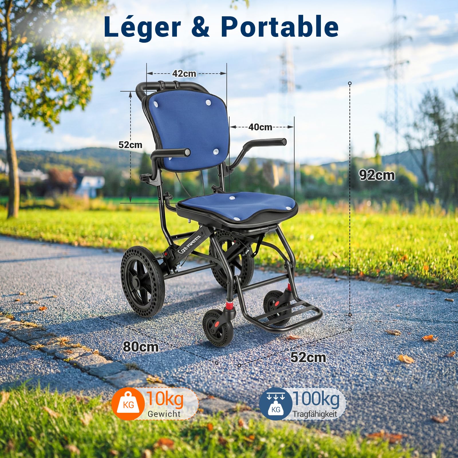 Care Parents Fauteuil Roulant de transfert Pliable(10kg),42cm Siège,Aluminium,Chaise Roulante Voyage,Mode Valise,Accoudoirs Relevables,Assise Ergonomique,Coussins Amovibles,Jusqu'à 100kg(CP-0903)