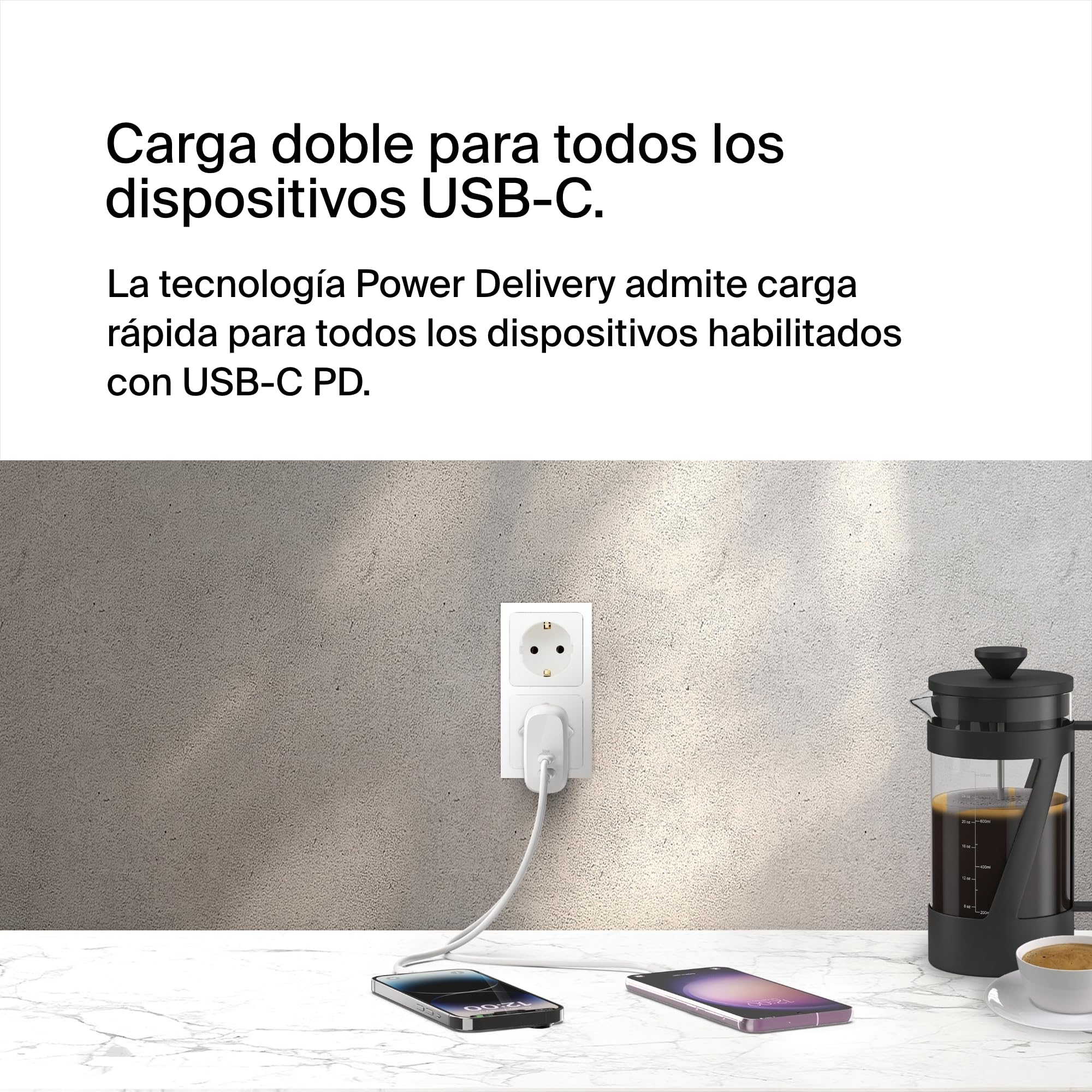 Belkin BoostCharge Cargador de Pared Doble USB-C PPS 60W, Carga Rápida | Enchufe USB PPS, Samsung, Pixel y iPhone, 2 Puertos USB-C 30W, Diseño Compacto para Viajar, Compatibilidad Universal