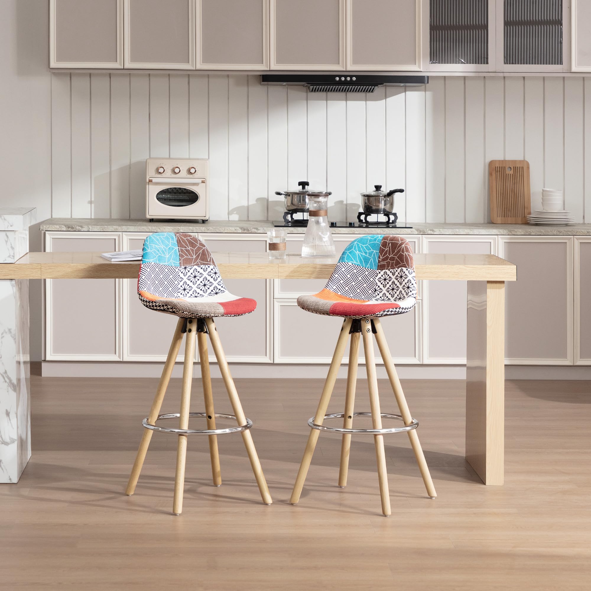 WOLTU 1 x Tabouret de Bar en Lin avec Dossier + Repose-Pieds Design Tabouret de Cuisine en Bois,Patchwork Multicolore