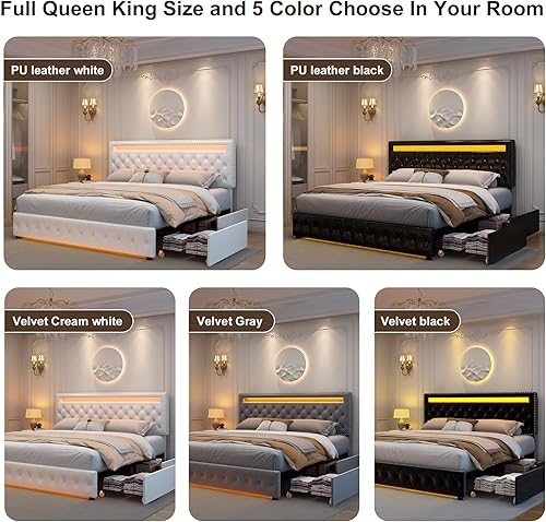 Miniatura 40 de GEGOFORU - Base de cama LED Queen con 4 cajones de almacenamiento, con control inteligente RGBW luces LED cabecera, control de color bricolaje,