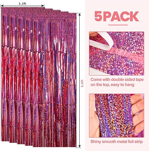 Miniatura 3 de PABUES Paquete de 5 cortinas de oropel rosa láser de 3.3 x 6.6 pies, cortina de flecos de lámina con purpurina para cumpleaños, graduación,