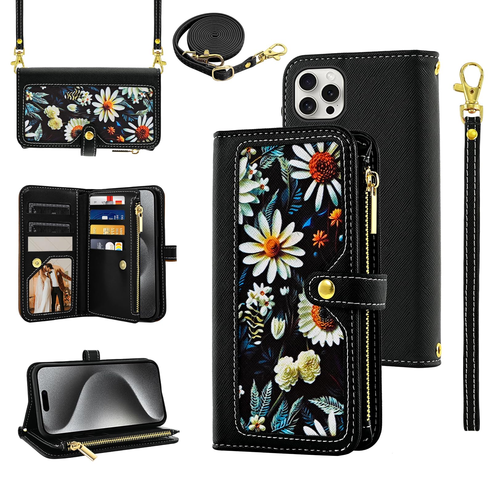 Furiet Floral Wallet Case for iPhone 16 Pro 6.3 inch with Wrist Strap Shoulder Strap Flip Zipper Purse, Luxury PU Leather Credit ID Card Holder Stand