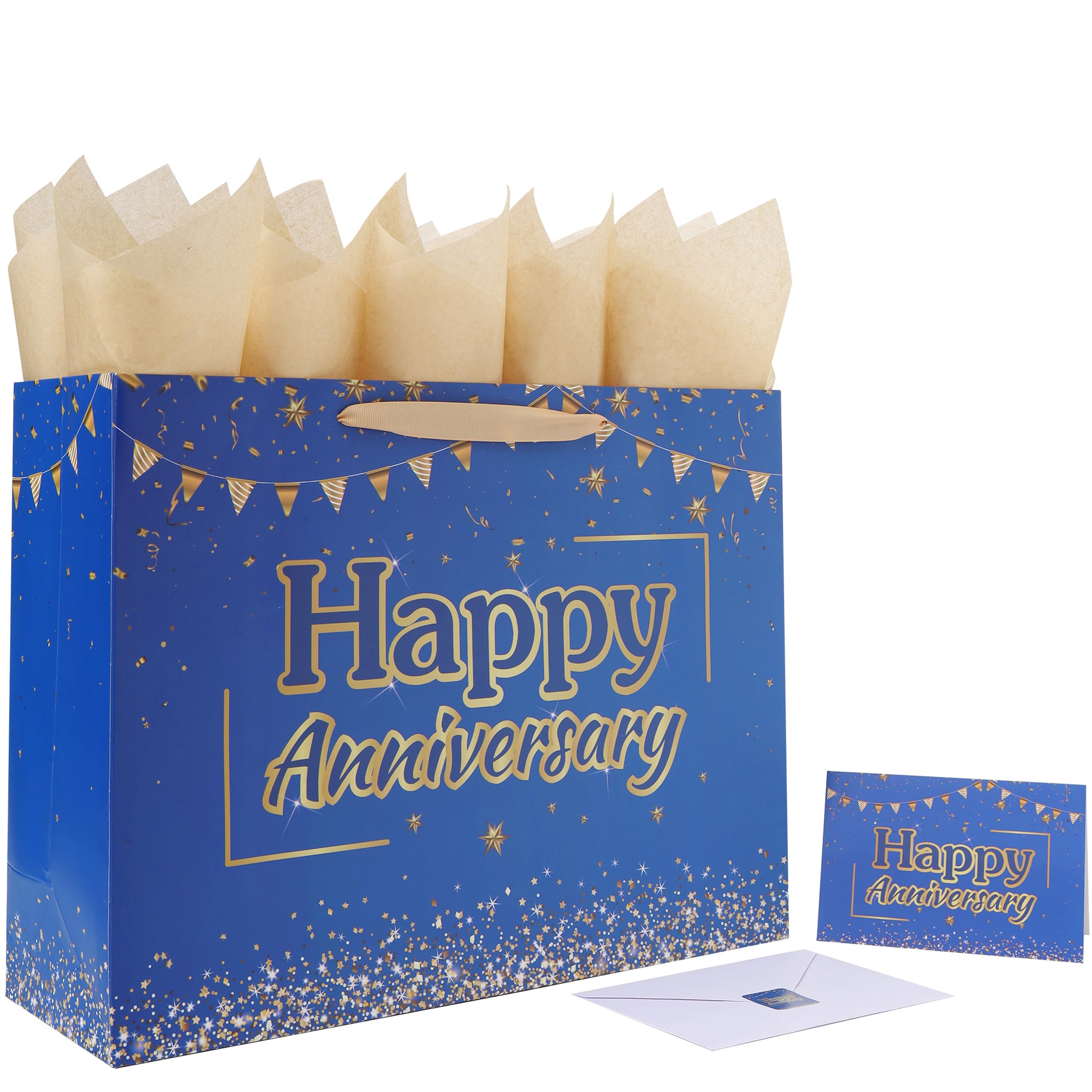 wishinside 16.5” Extra Large Anniversary Blue Gift Bag Set with Handles, Greeting Card, Tissue Papers and Stickers for Men Husband, for Anniversary Party, Wedding Party, 1 Pcs