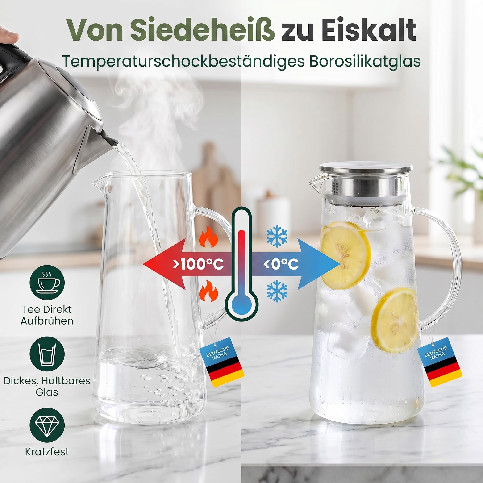 Wasserkrug Wasserkanne Krug 1,5 Liter, Glaskrug mit Filter und Deckel aus Edelstahl Getränkekaraffe für heißes u. kaltes Wasser Eistee Kaffee Milch Saft Glaskaraffe mit Griff