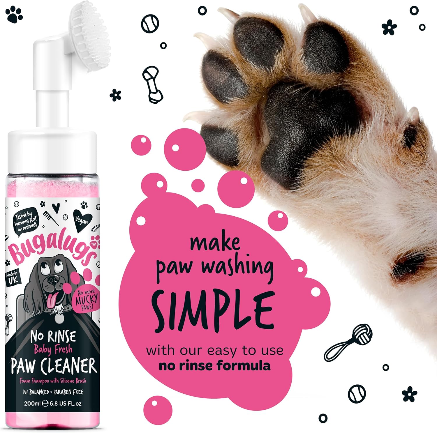 BUGALUGS Dog Paw Cleaner No Rinse Foam Cat & Dog shampoo with Silicone Brush Head, waterless grooming products. Travel friendly paw cleaner for dogs defeat muddy paws on the go (Baby Fresh) 6 81FW6Ji5YsL. AC SL1500
