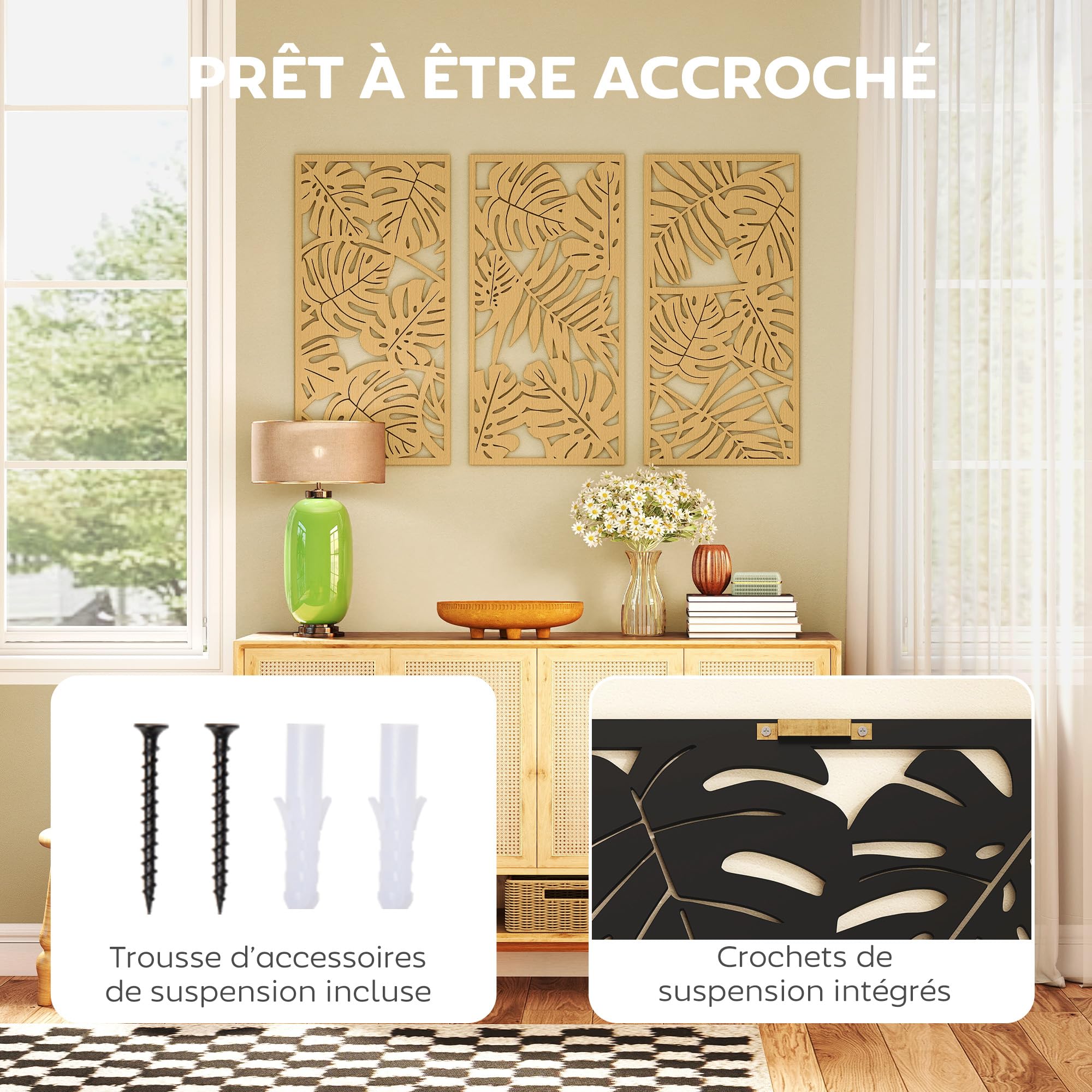HOMCOM Set di 3 decorazioni da parete in legno 3D, 40 x 80 cm, legno naturale | Foglie tropicali, decorazione da parete moderna da appendere, per soggiorno, camera da letto, corridoio o ufficio