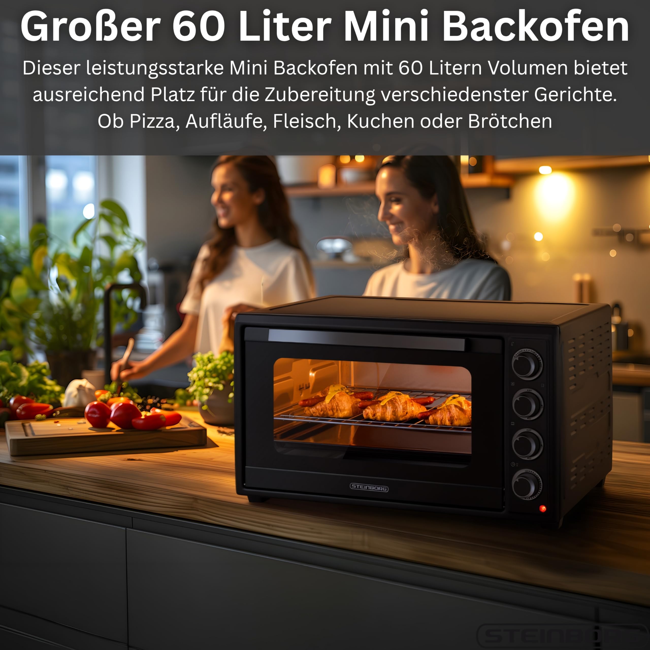 Steinborg® Mini Backofen 60 Liter mit Umluft & Drehspieß, 2000W Tischbackofen groß XXL, 100–230°C, 60 Min Timer, Ober-/Unterhitze & Konvektion, Pizzaofen 3-in-1 inkl. Zubehör