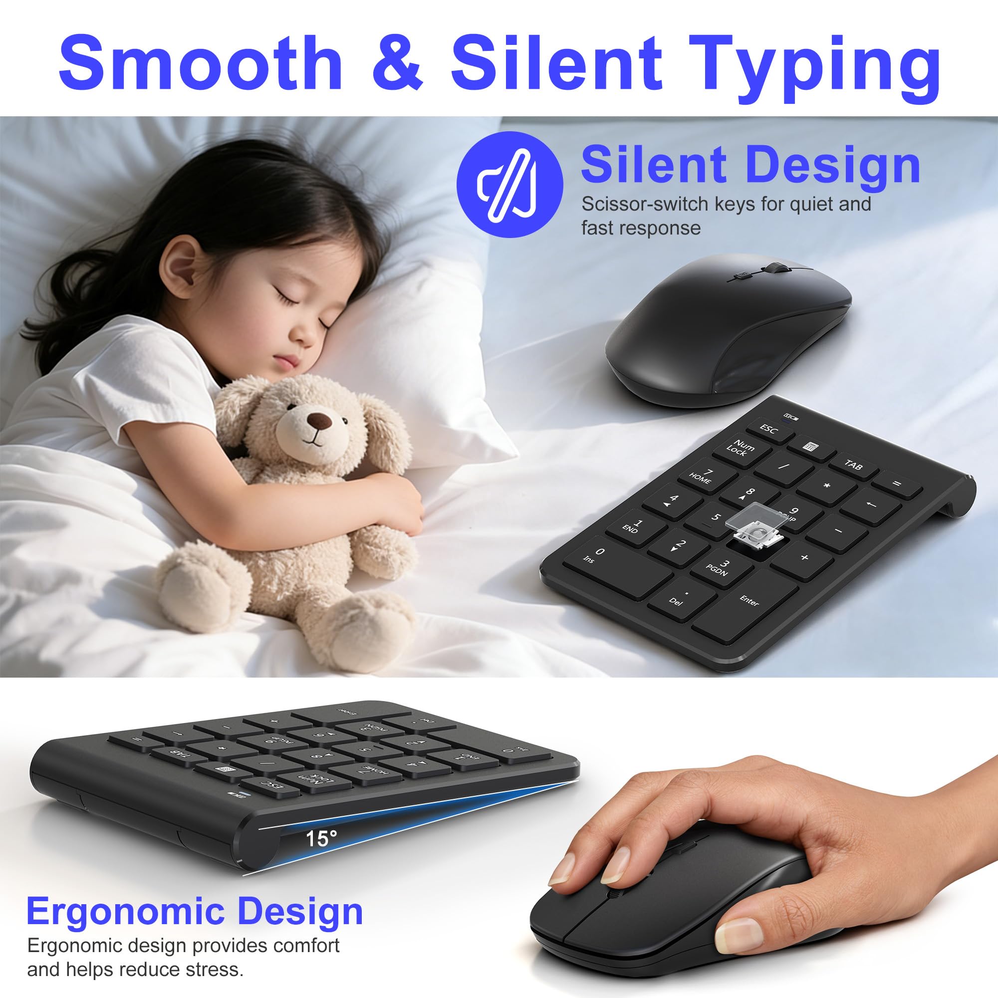 Combo de mouse inalámbrico y almohadilla numérica, teclado USB de 22 teclas y 3 mouse silencioso DPI ajustables, teclado numérico ultra delgado y portátil de 2.4 GHz para laptop, PC, escritorio