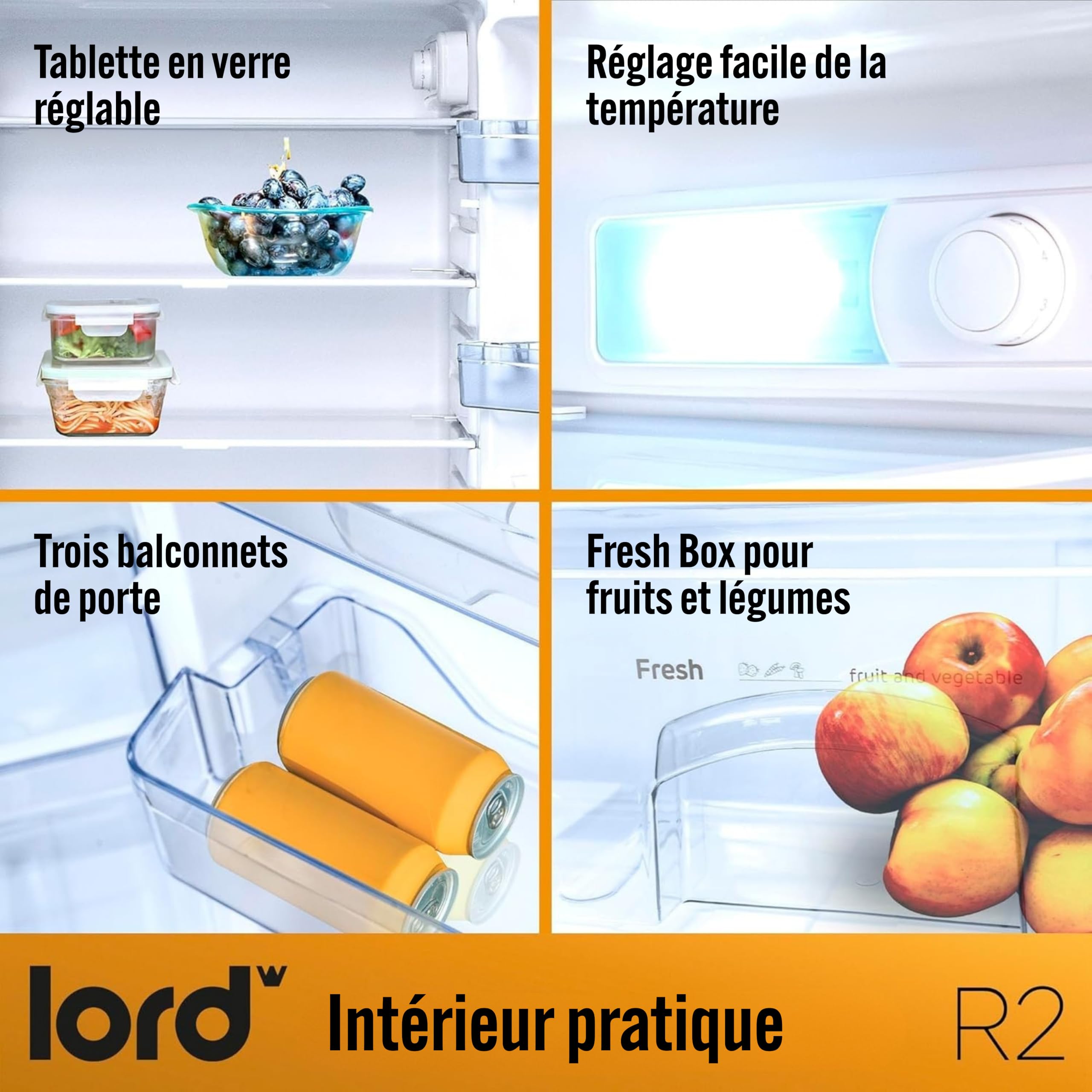 Lord R2 Réfrigérateur 1 Porte – Petit frigo, 85 cm, 127 L, pose libre, sans compartiment de congélation, silencieux 39 dB, classe énergétique E, Blanc