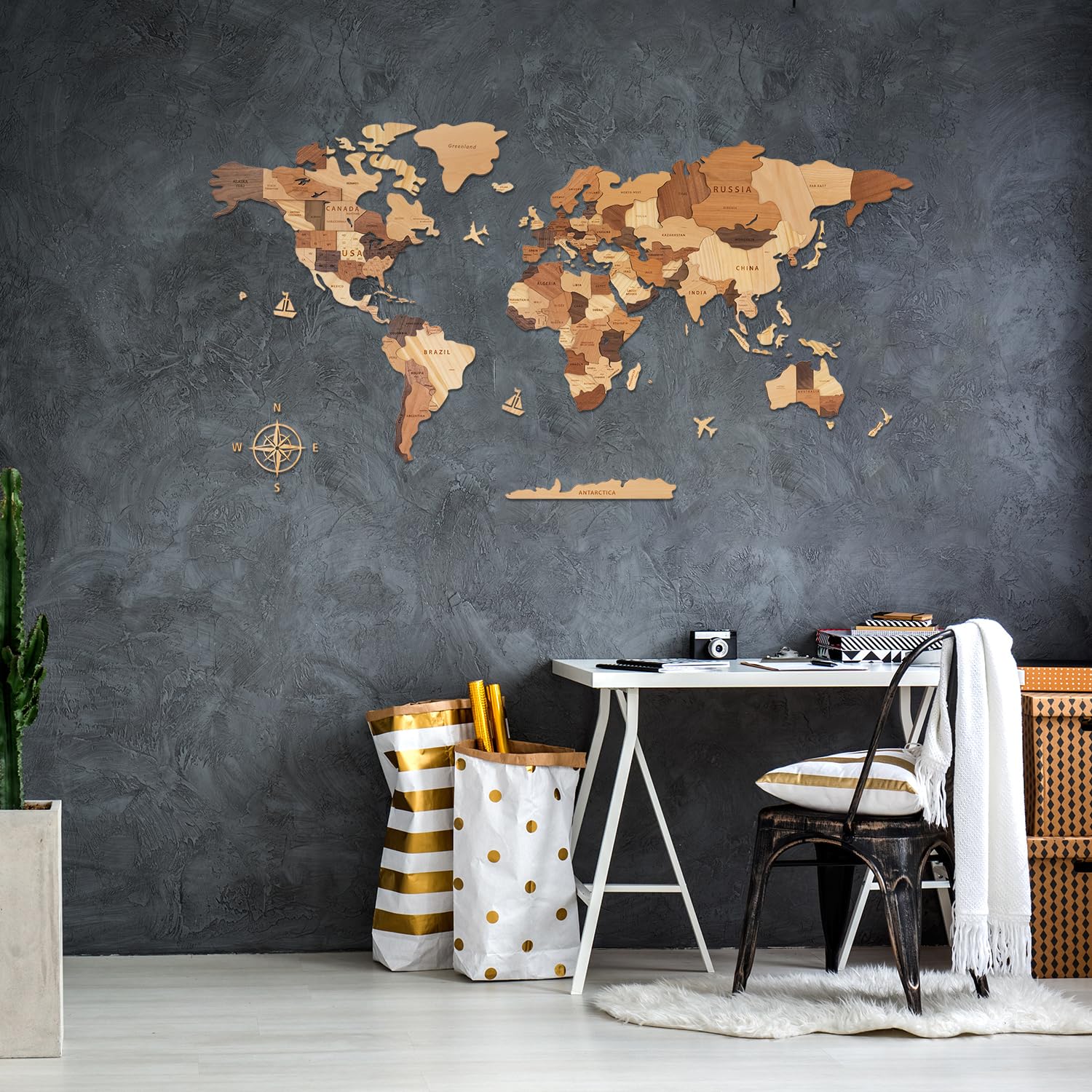 Creawoo Mapa del Mundo 3D de Madera para Decoración de Pared, Grande Mapamundi Maciza Natural Multicapa Arte de Pared para Oficina Sala de Estar Dormitorio, Mapamundi de Viaje de Madera-150x85cm