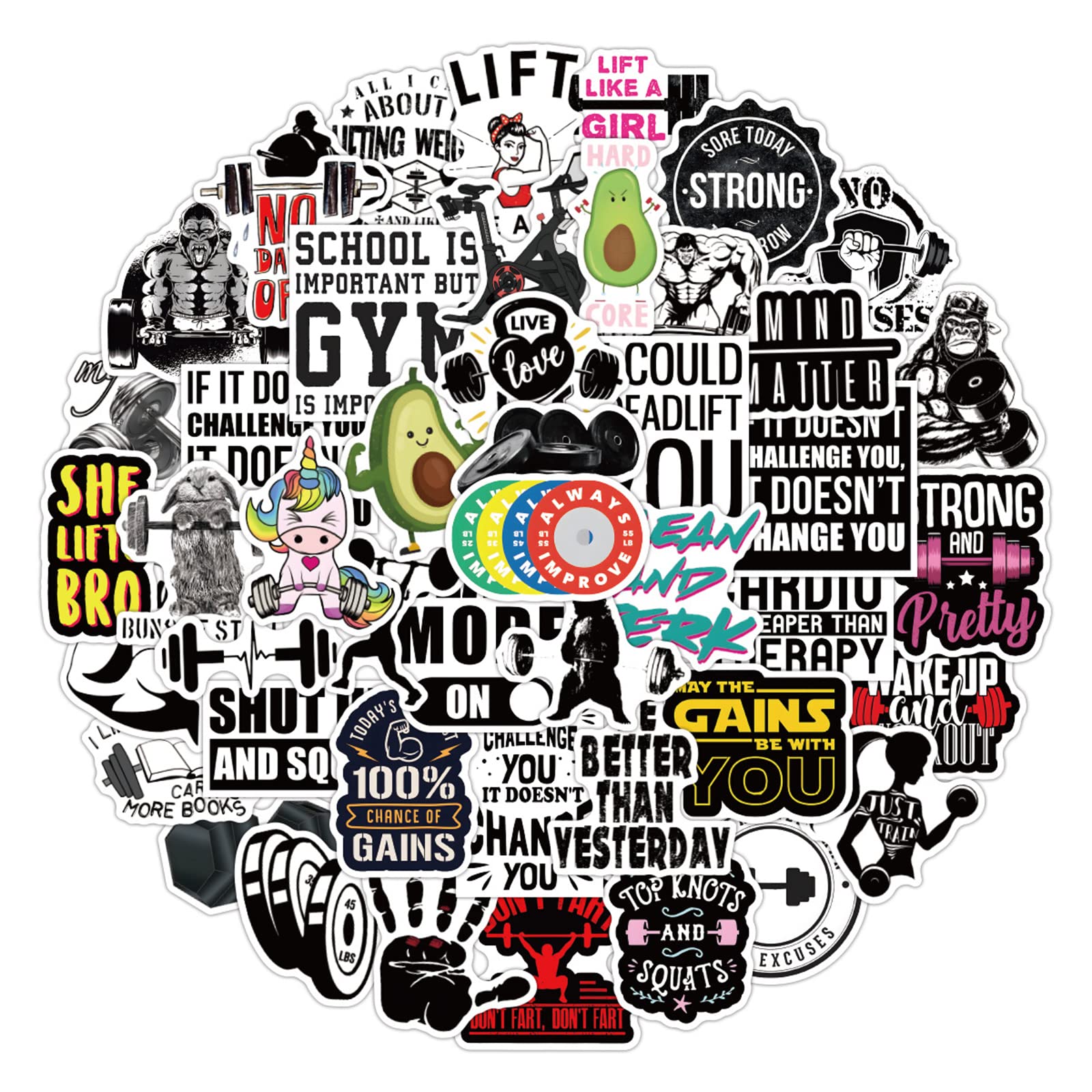 Work Out Stickers for Teen Laptop, 50pcs Cool Waterproof Vinyl Decal for Water Bottle Guitar Bike Skateboard Luggage Travel Case Phone