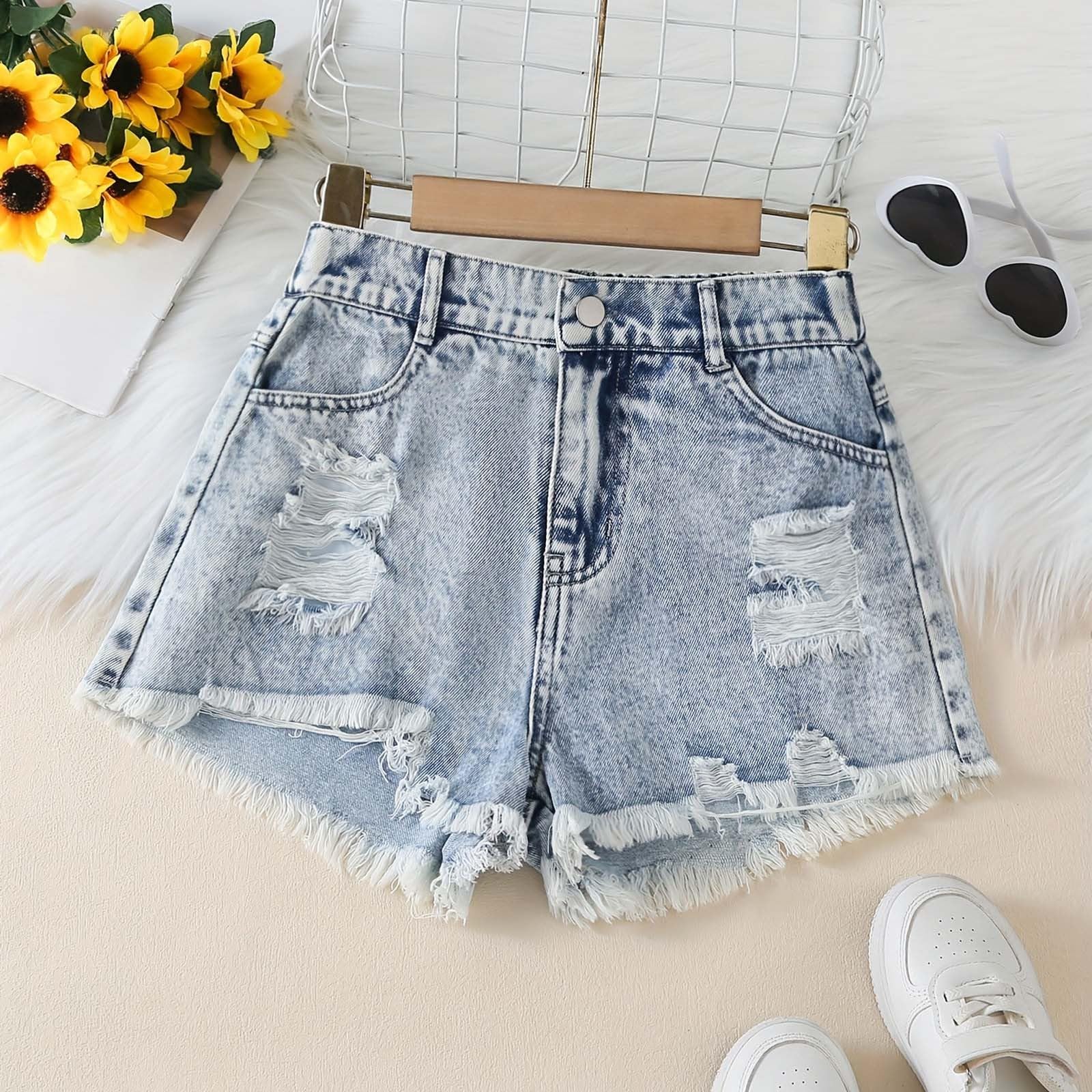 Generisch Jeans Shorts Mädchen Kinder Denim Kurze Hose Sommershorts Elastische Baggy Jeans Casual Weich Jeanshorts mit Tasche Jeanshose Kurzehose Streetwear