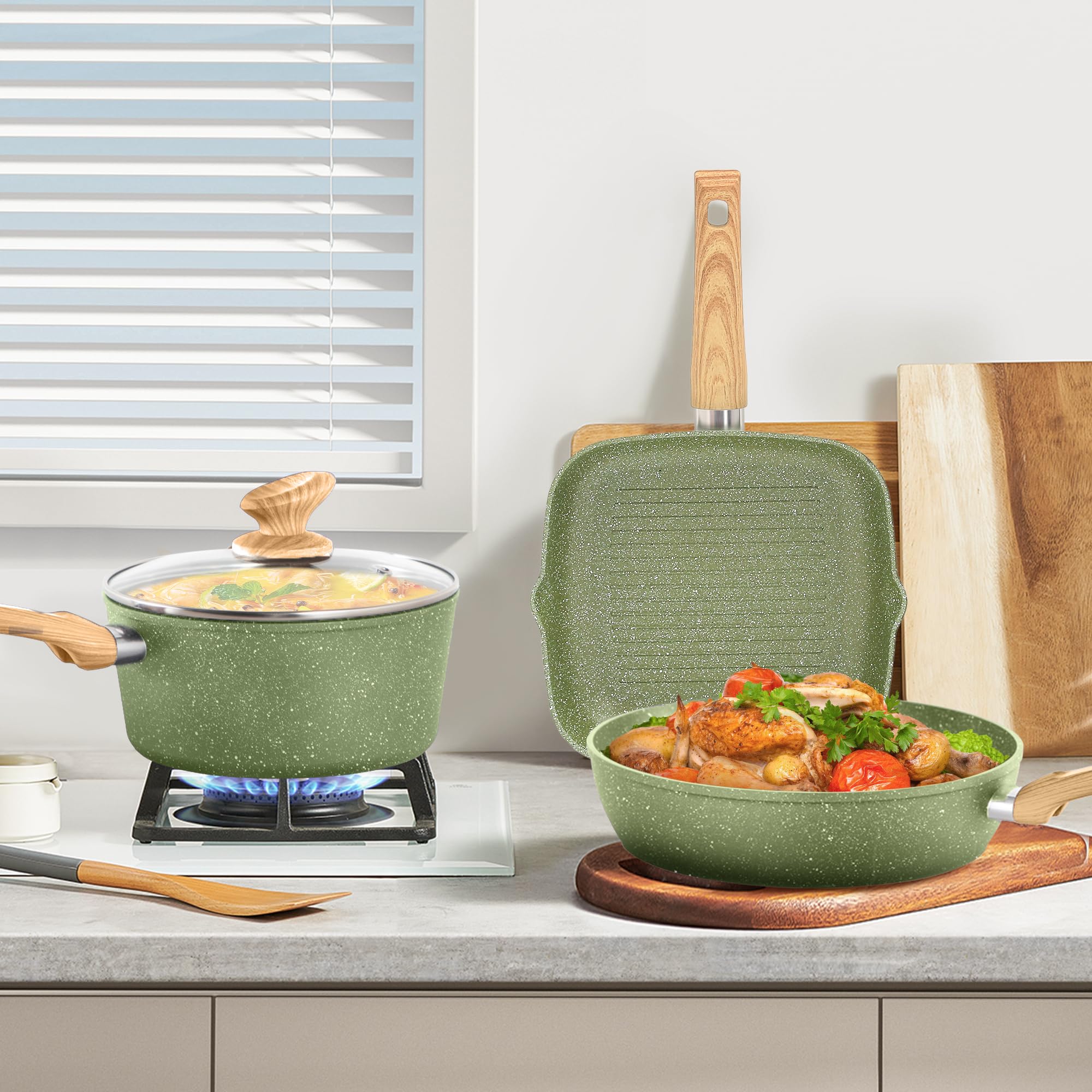 DishDelight Induktions-Kochgeschirr-Set mit Grillplatte 17-teiliges Induktions Töpfe Set Topf und Pfannenset mit Deckel Granit Antihaftbeshichtung Topfset Kochtopf