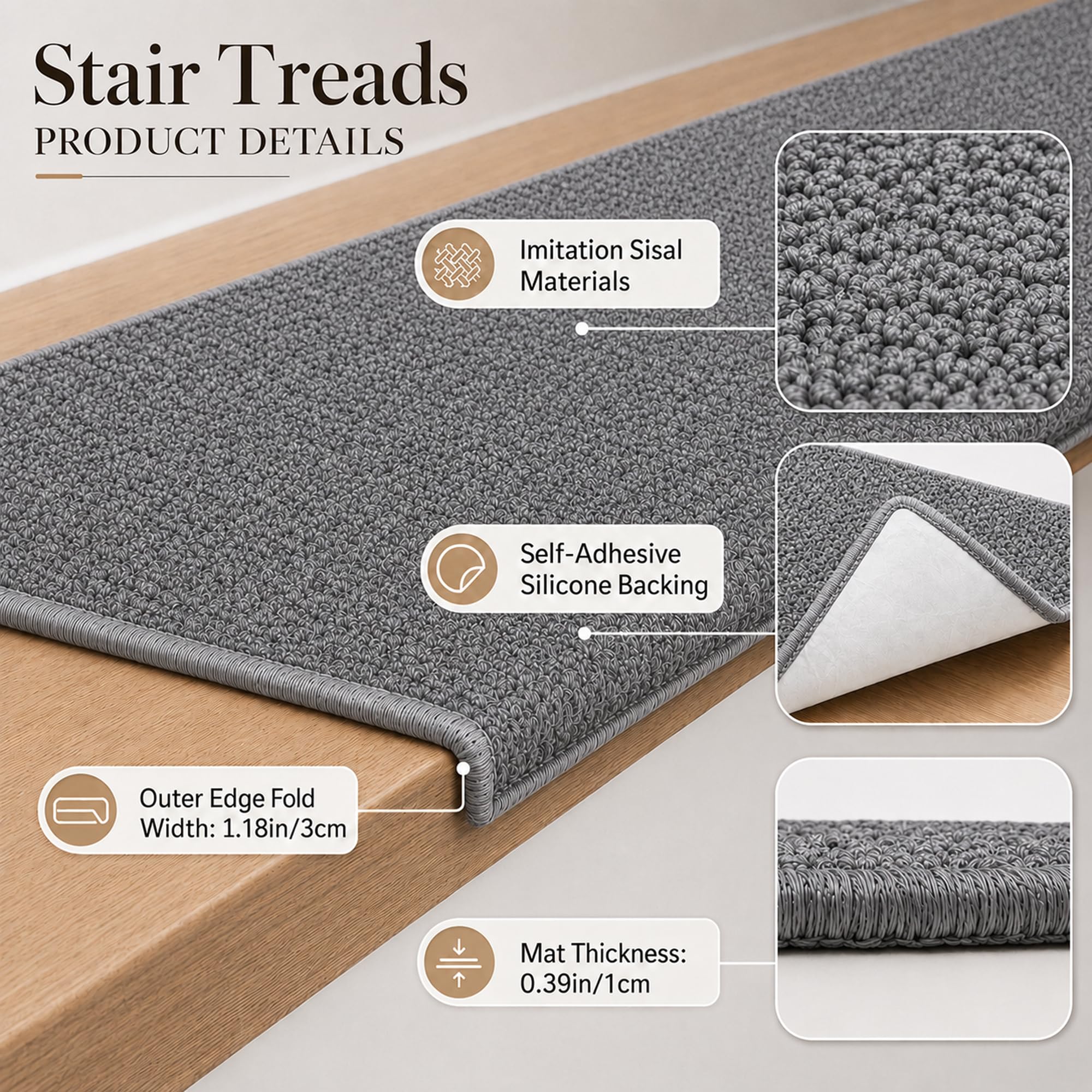 4 Pièces Tapis Antidérapants pour Escalier Tournant Auto-Adhésifs | Tapis doux avec dos adhésif. Idéal pour escaliers en bois ou colimaçon. Protège les marches et prévient les glissades.